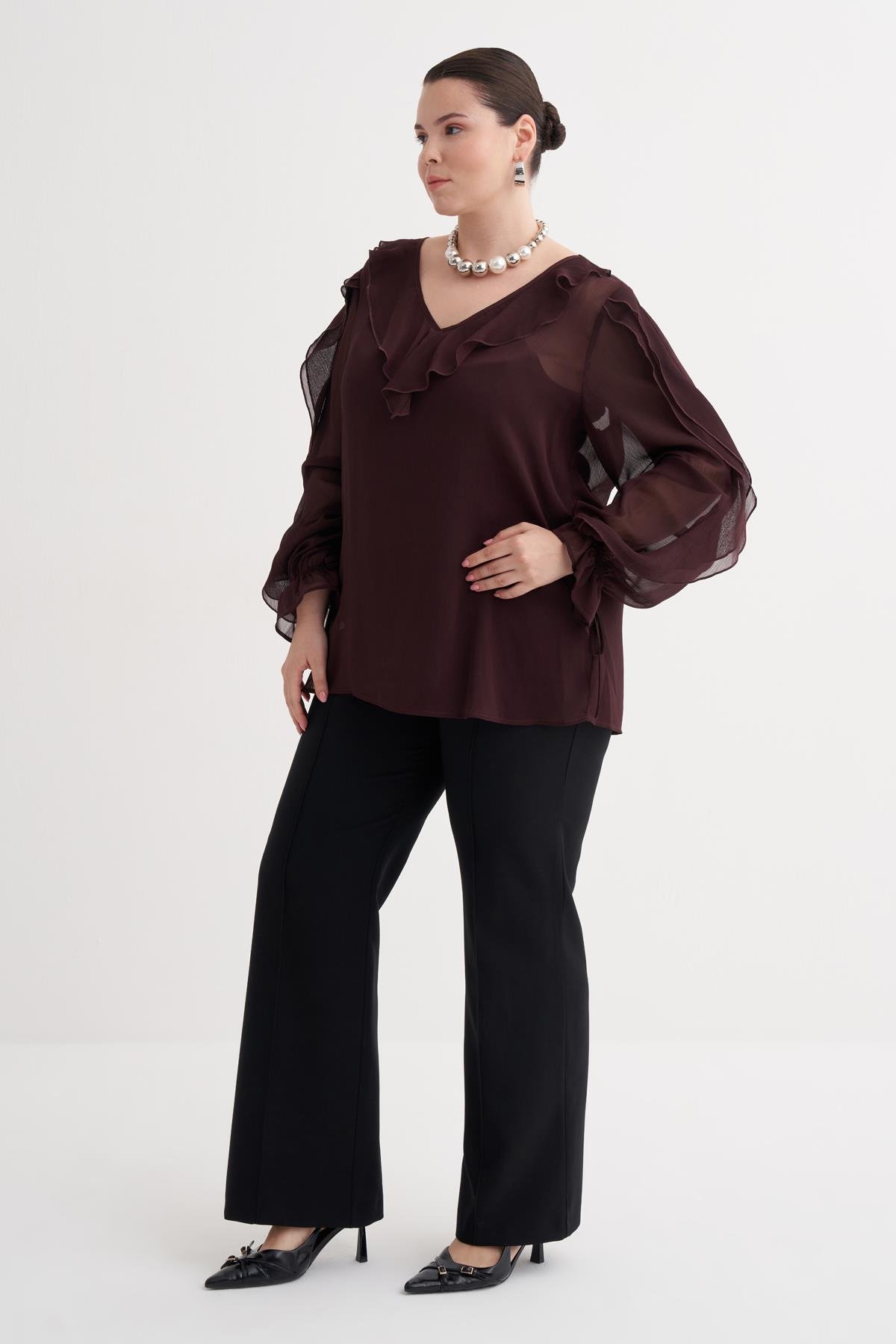 Myline-Fırfır Detaylı Şifon Bluz-Büyük Beden Bluz-149949