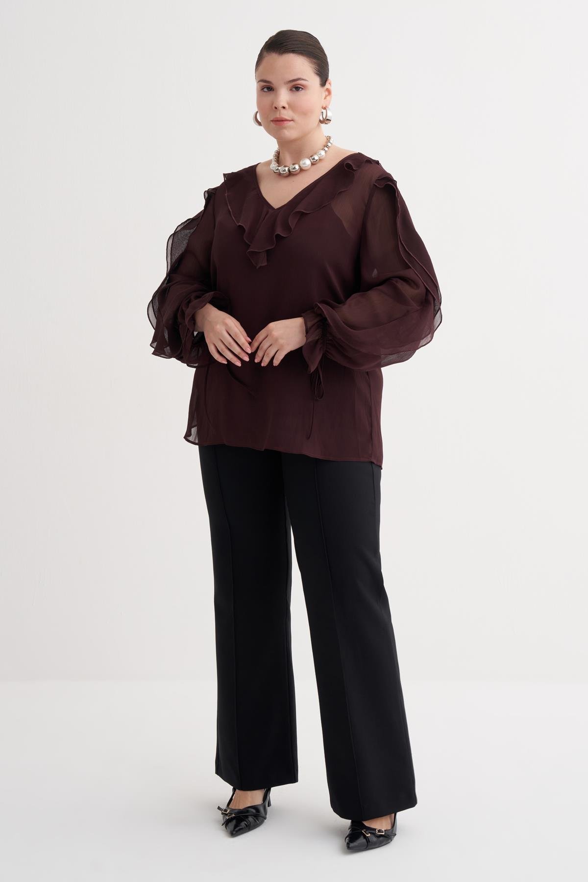 Myline-Fırfır Detaylı Şifon Bluz-Büyük Beden Bluz-149949