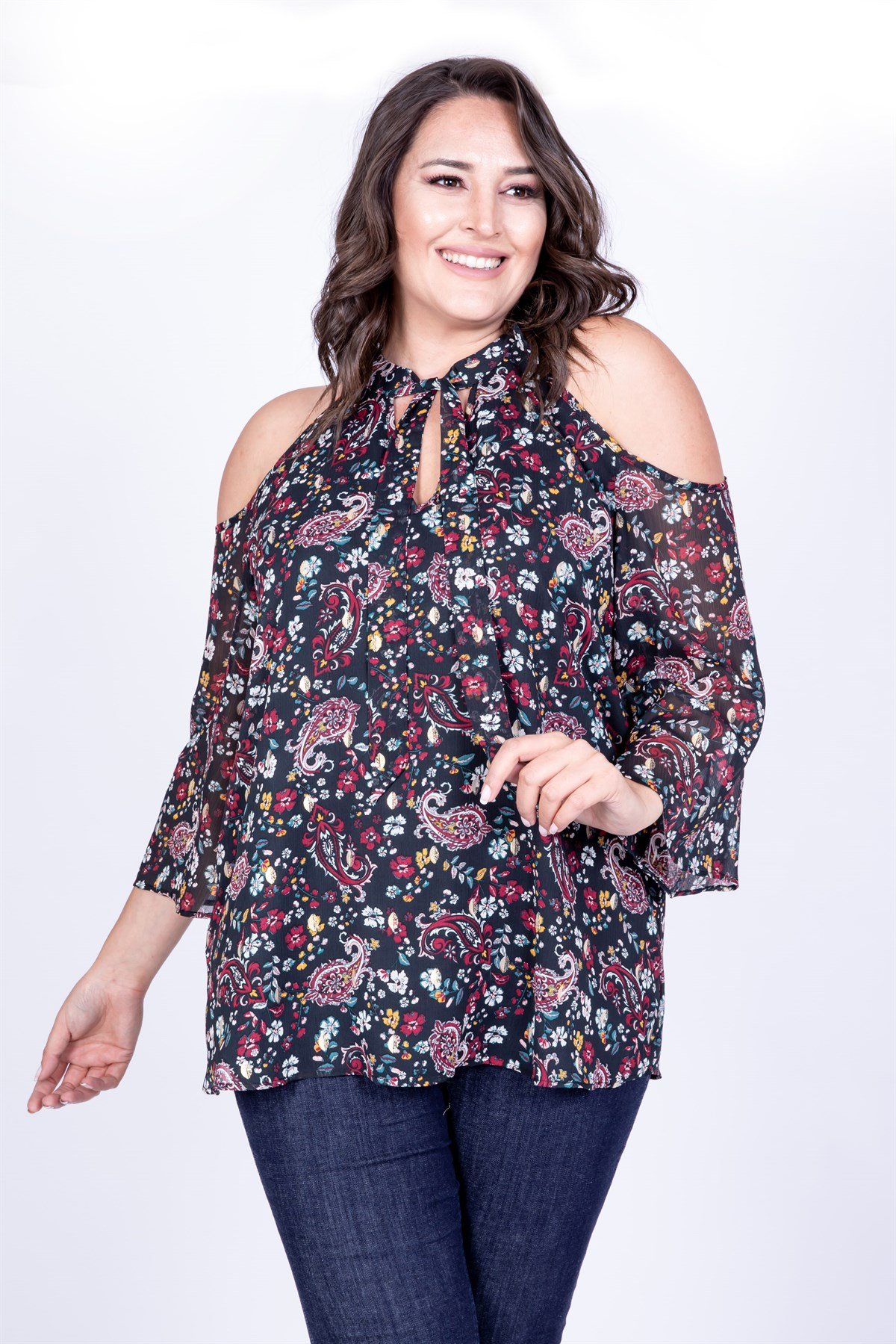 Myline-Fular Detaylı Şifon Bluz-Büyük Beden Bluz-35059