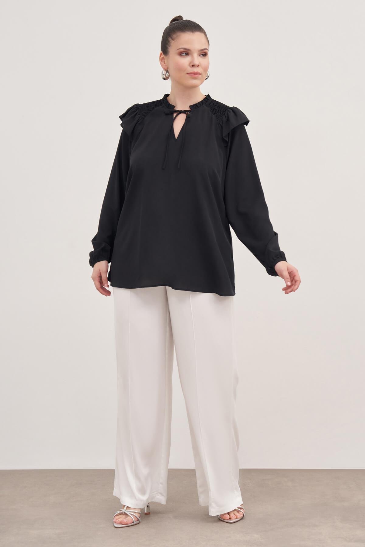 Myline-Gipe Detaylı Bağcıklı Bluz-Büyük Beden Bluz-139276