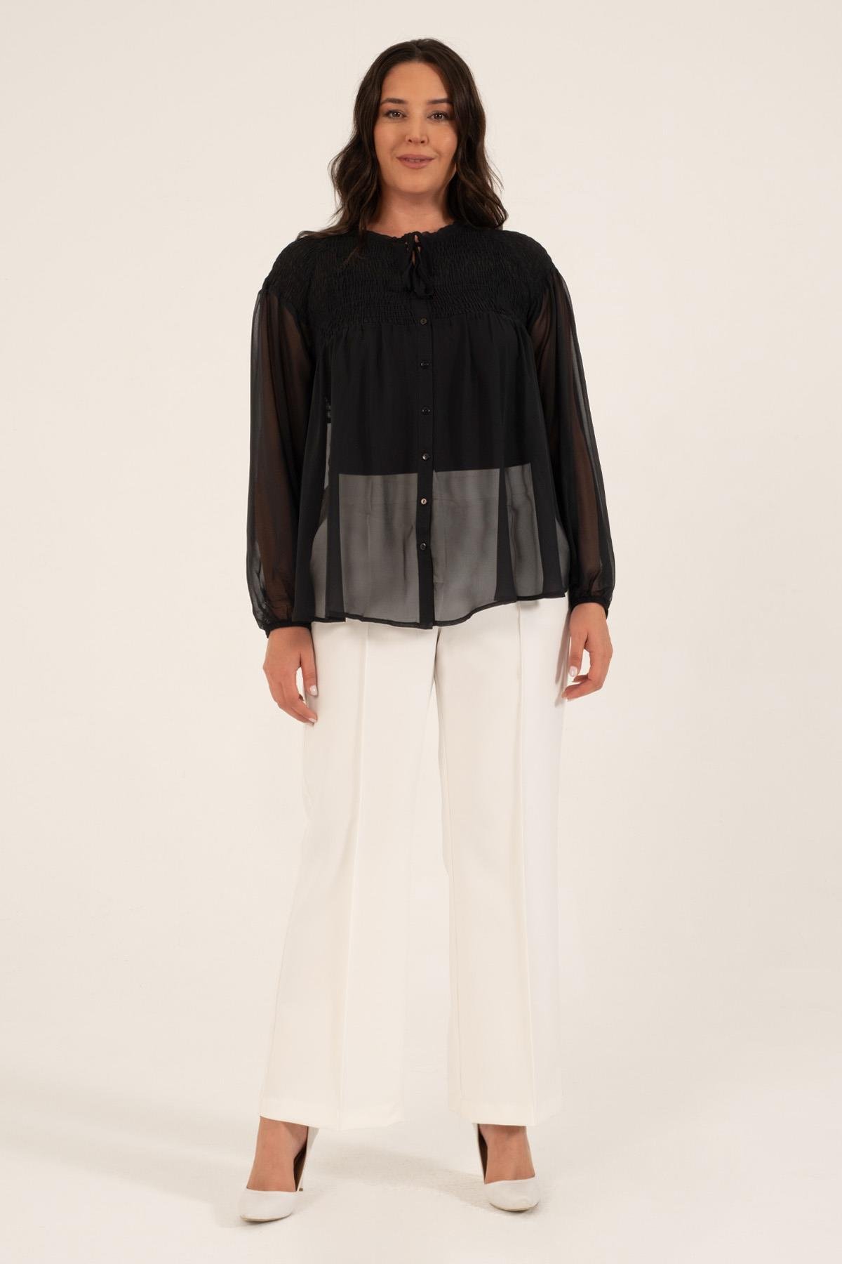 Myline-Gipe Detaylı Şifon Bluz-Büyük Beden Bluz-77708