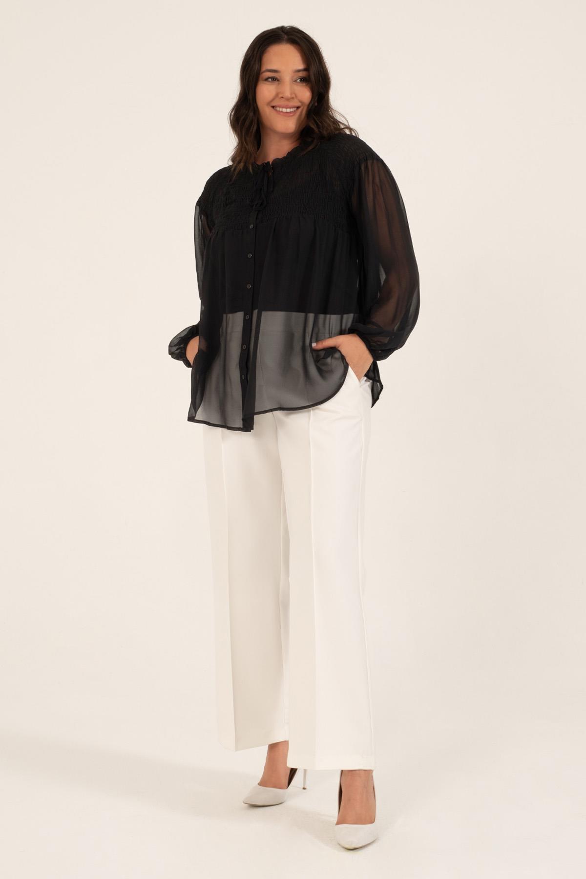 Myline-Gipe Detaylı Şifon Bluz-Büyük Beden Bluz-77708