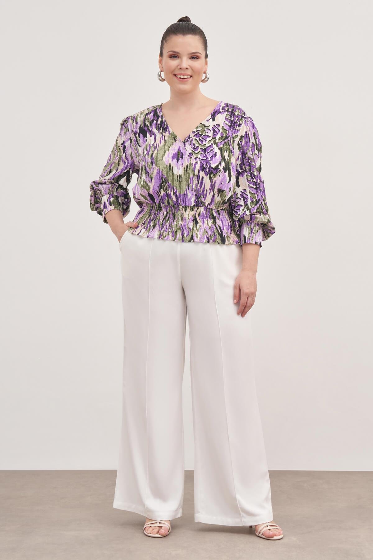 Myline-Gipe Detaylı V Yaka Bluz-Büyük Beden Bluz-128898