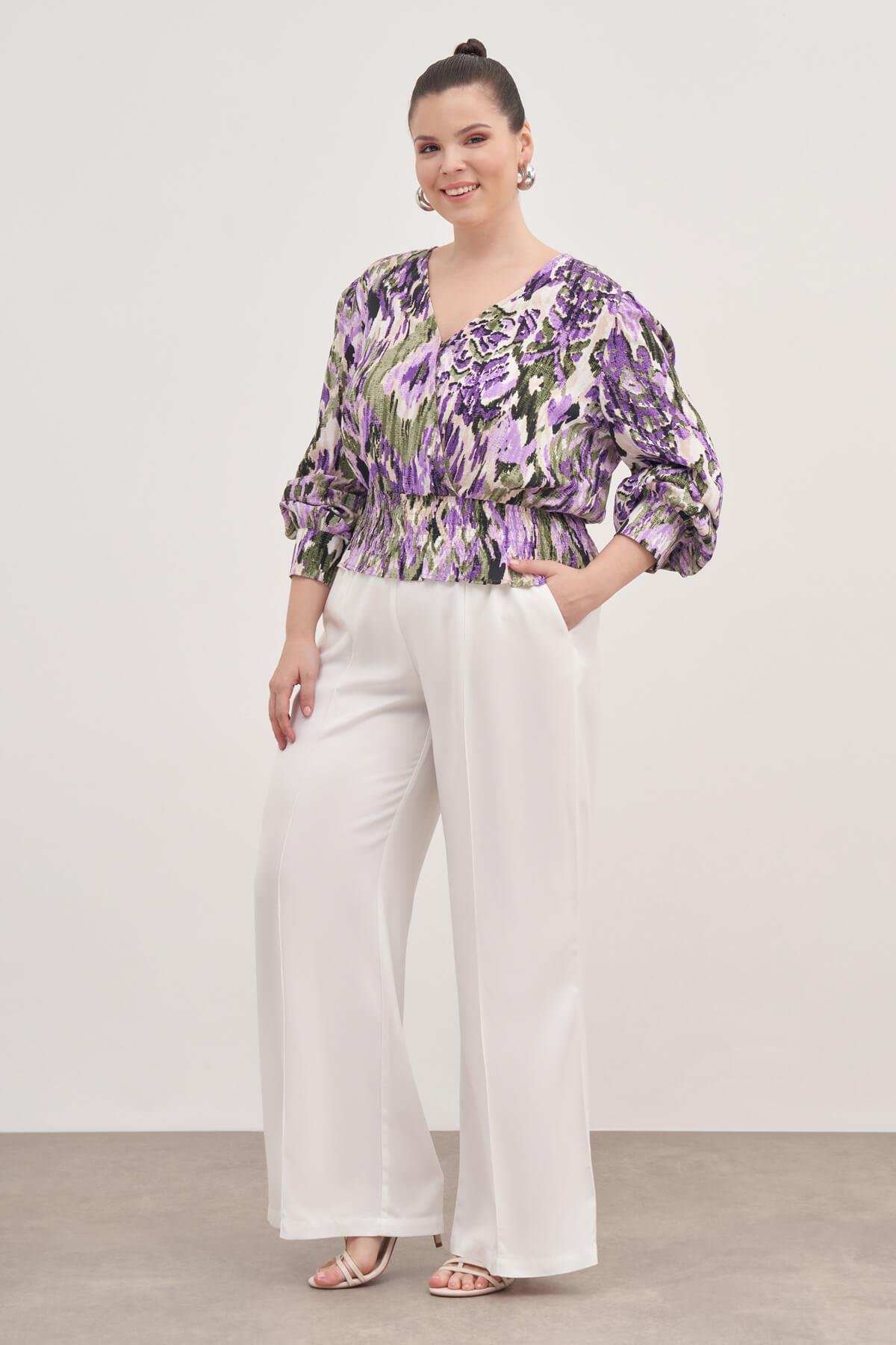 Myline-Gipe Detaylı V Yaka Bluz-Büyük Beden Bluz-128898