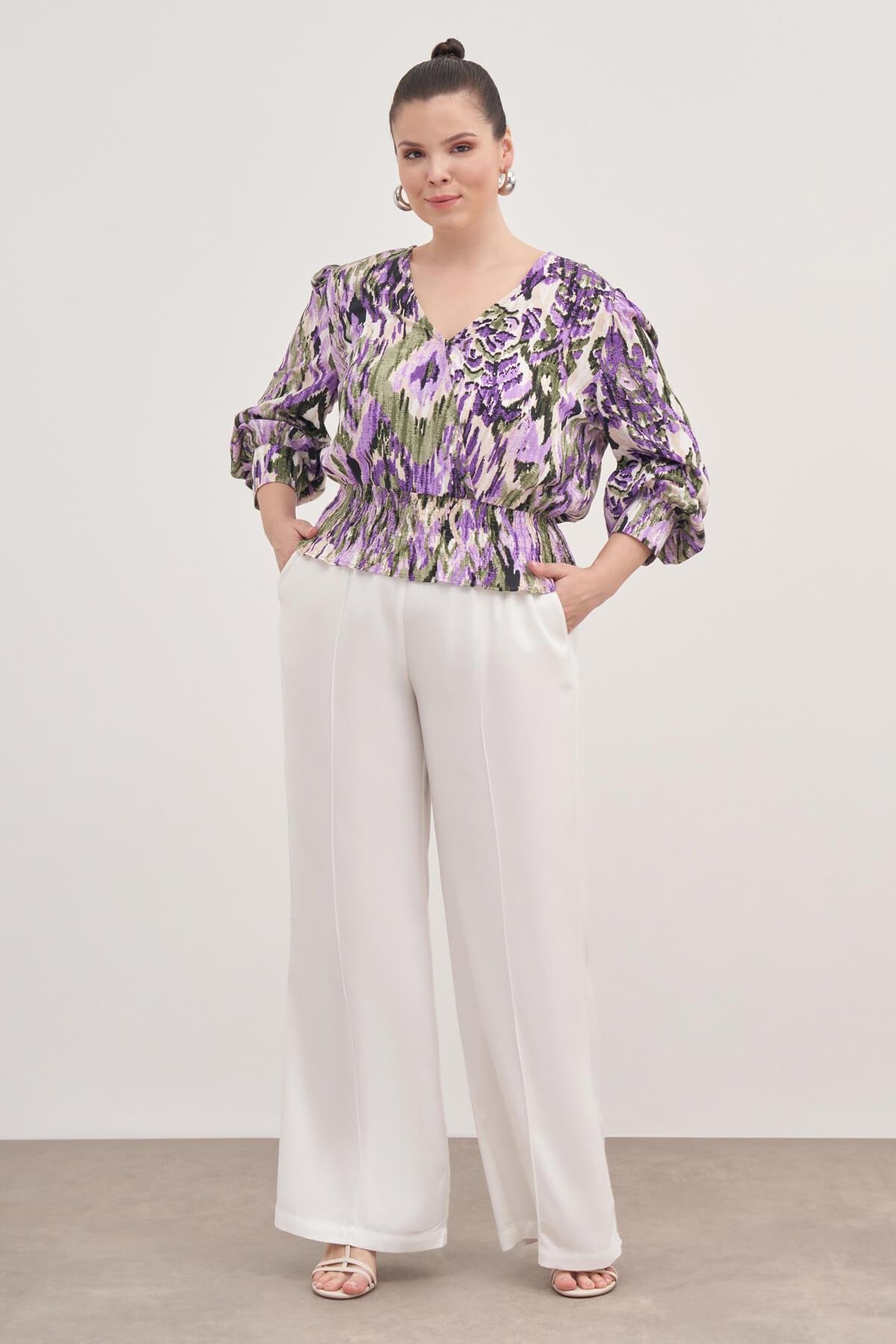 Myline-Gipe Detaylı V Yaka Bluz-Büyük Beden Bluz-128898