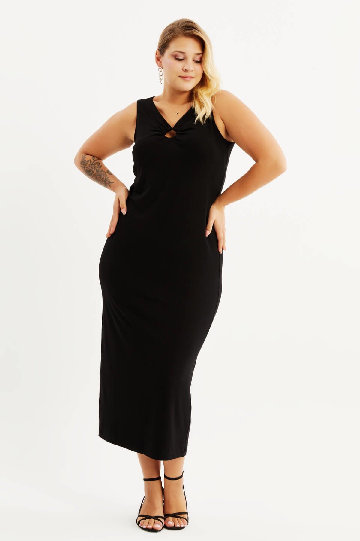 Myline-Halka Detay Kolsuz Penye Elbise-Büyük Beden Günlük Elbiseler-88021