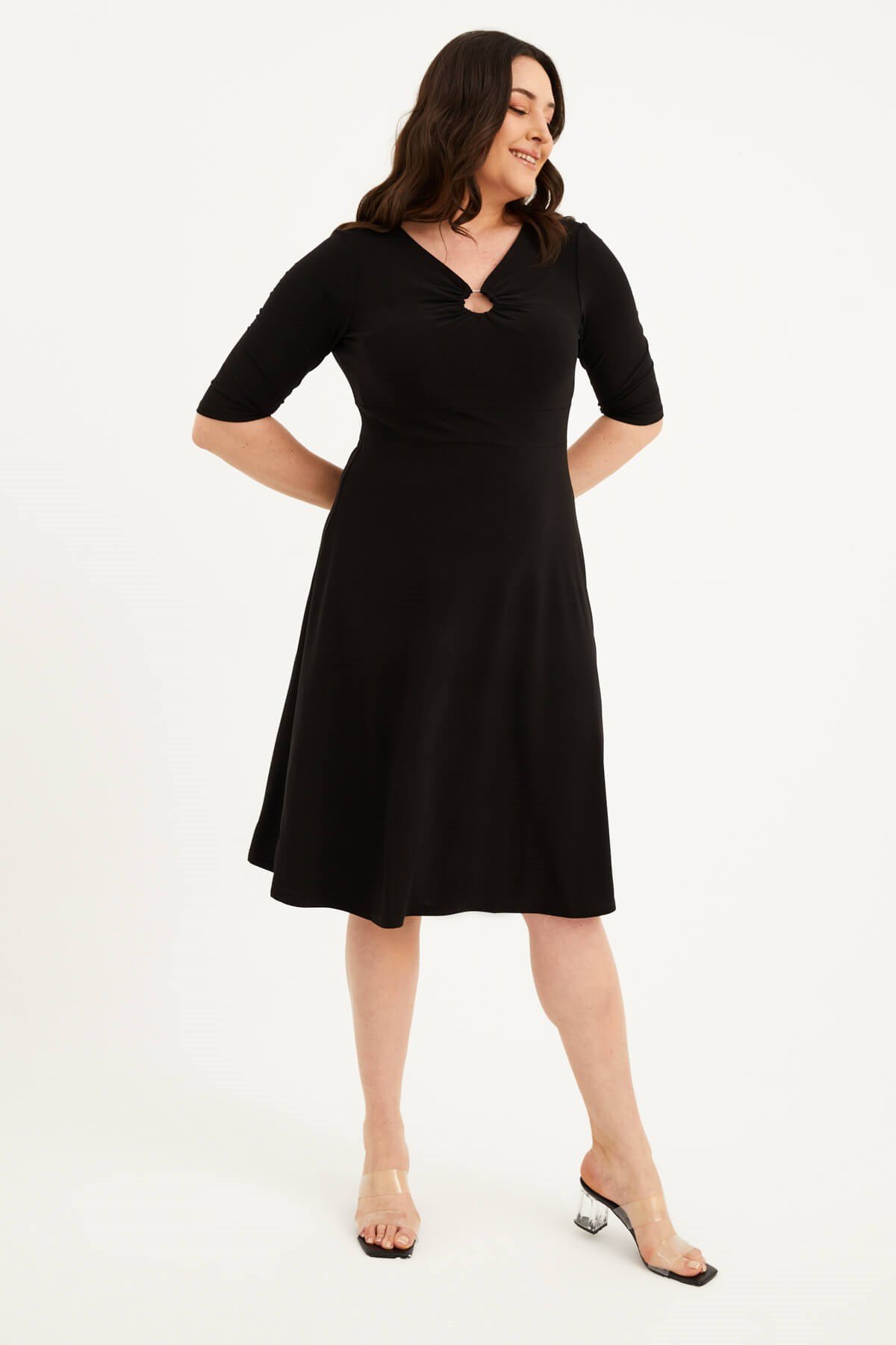 Myline-Halka Detaylı 3/4 Kol Elbise-Büyük Beden Günlük Elbiseler-77474