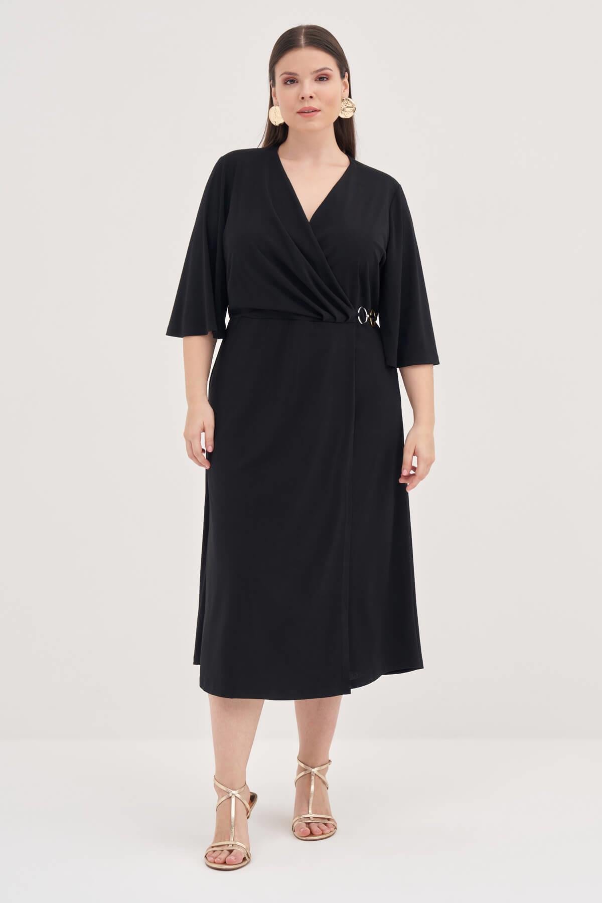 Myline-Halka Detaylı Kruvaze Elbise-Büyük Beden Günlük Elbiseler-129005