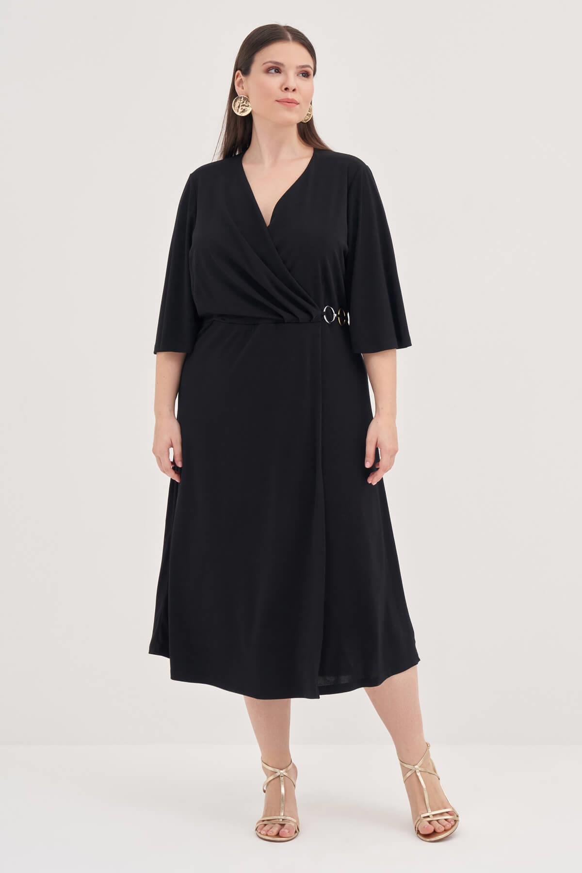 Myline-Halka Detaylı Kruvaze Elbise-Büyük Beden Günlük Elbiseler-129005