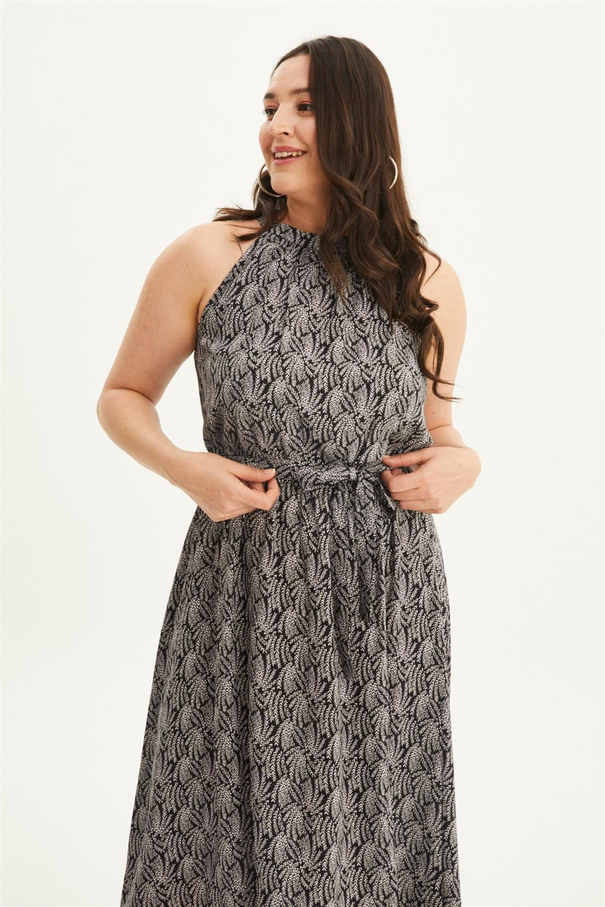 Myline-Halter Yaka Kuşaklı Uzun Elbise-Büyük Beden Günlük Elbiseler-118446