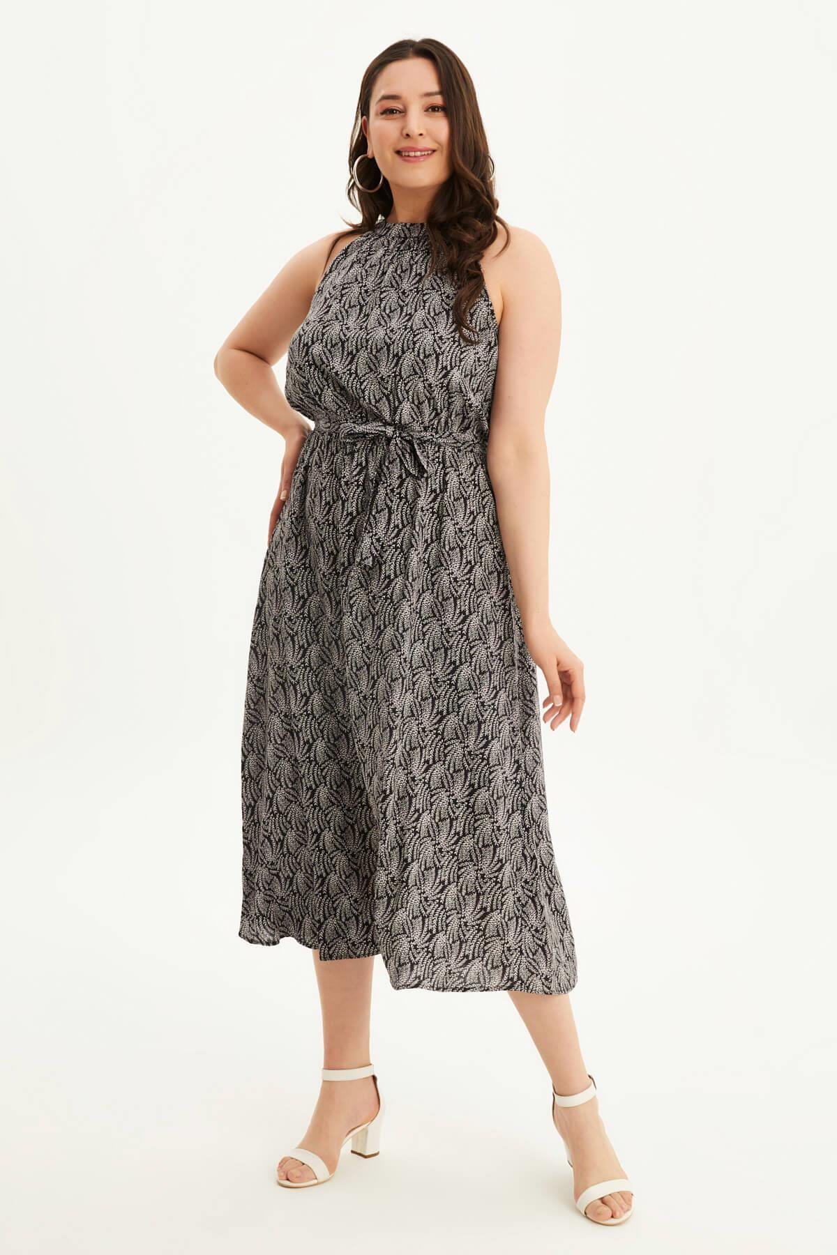 Myline-Halter Yaka Kuşaklı Uzun Elbise-Büyük Beden Günlük Elbiseler-118446