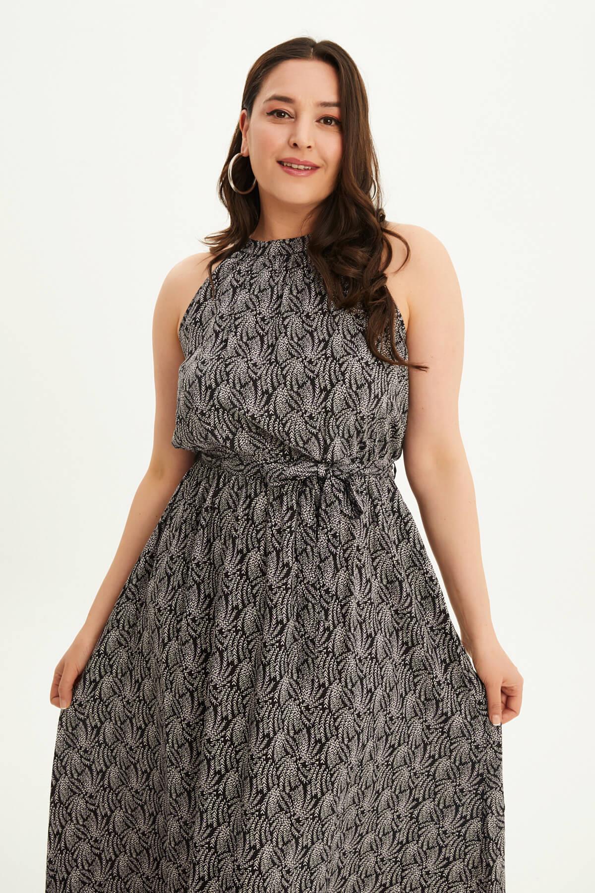 Myline-Halter Yaka Kuşaklı Uzun Elbise-Büyük Beden Günlük Elbiseler-118446