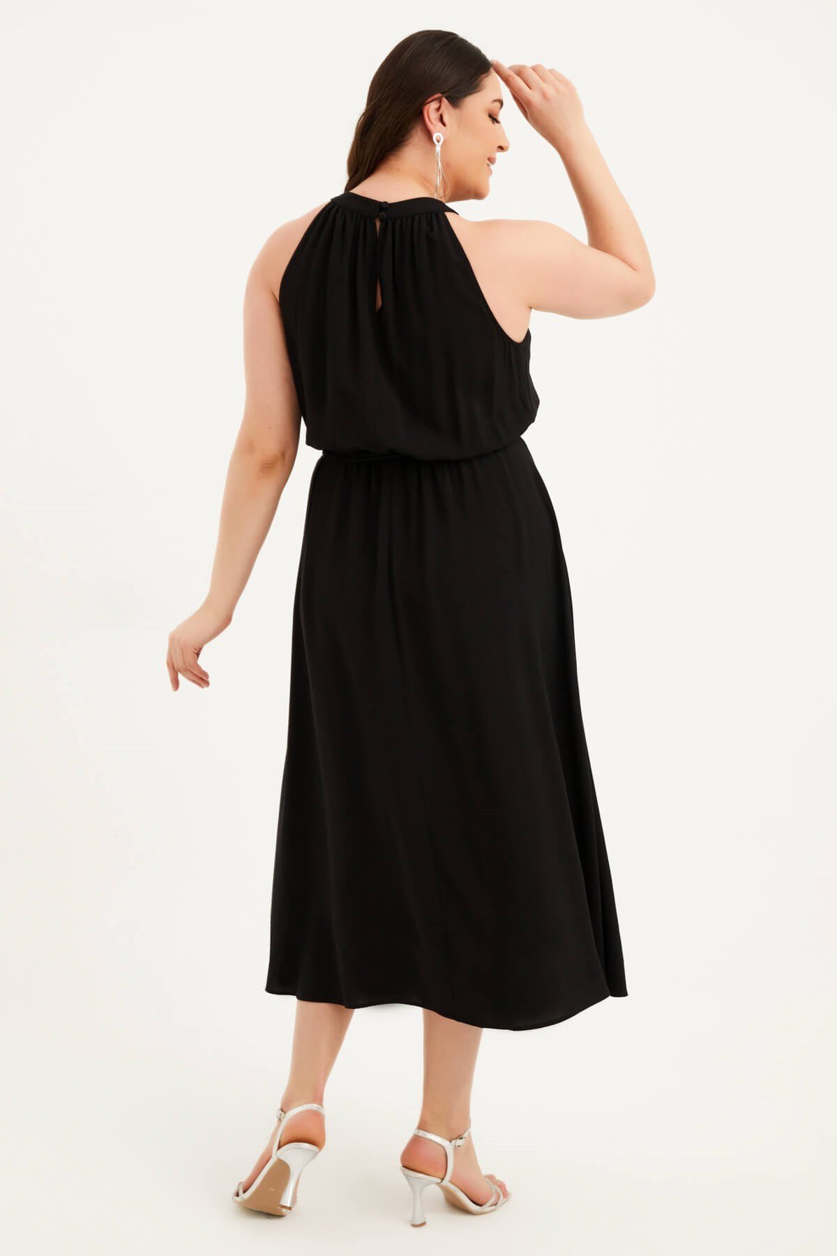 Myline-Halter Yaka Kuşaklı Uzun Elbise-Büyük Beden Günlük Elbiseler-77523