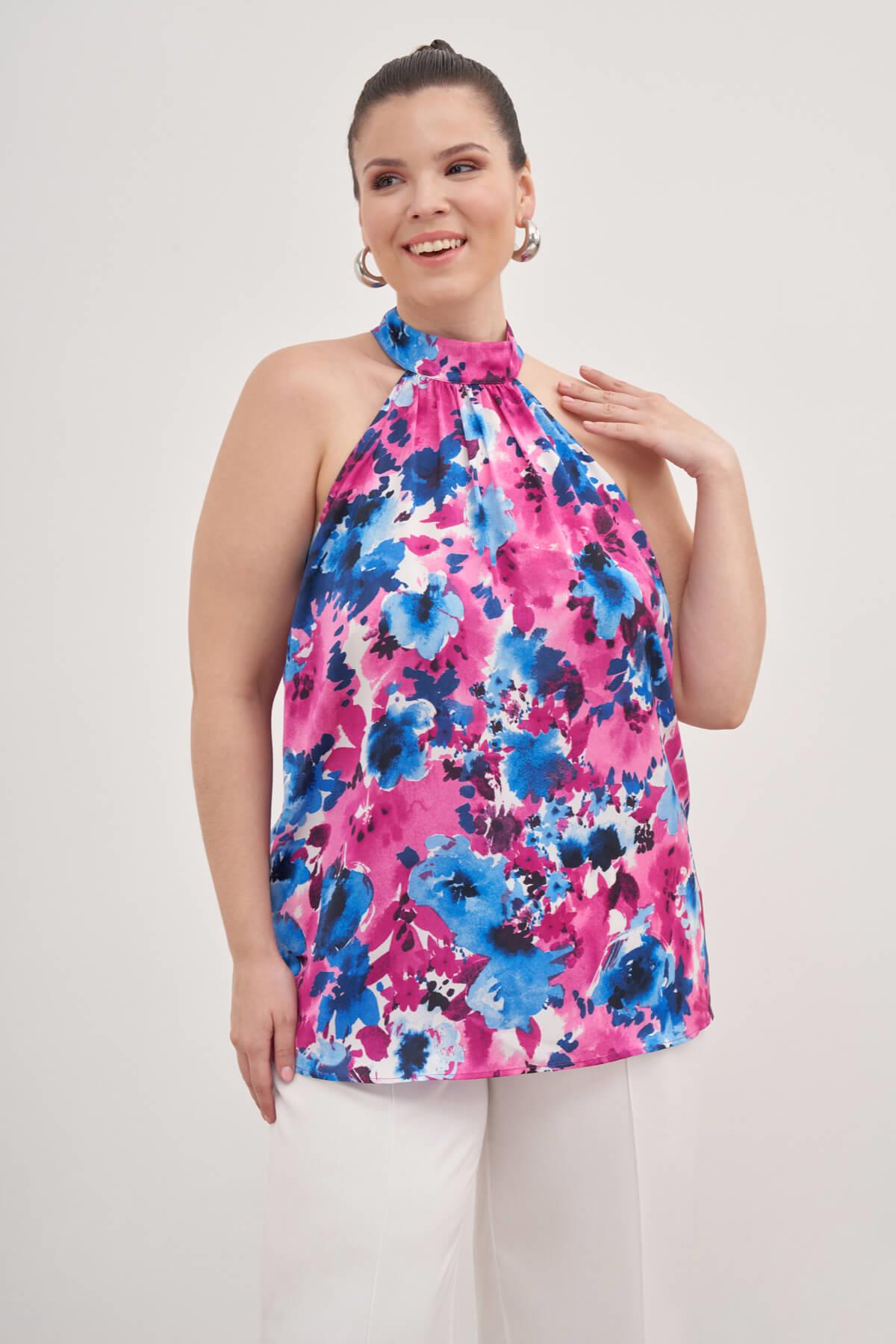 Myline-Halter Yakalı Desenli Bluz -Büyük Beden Bluz-139177