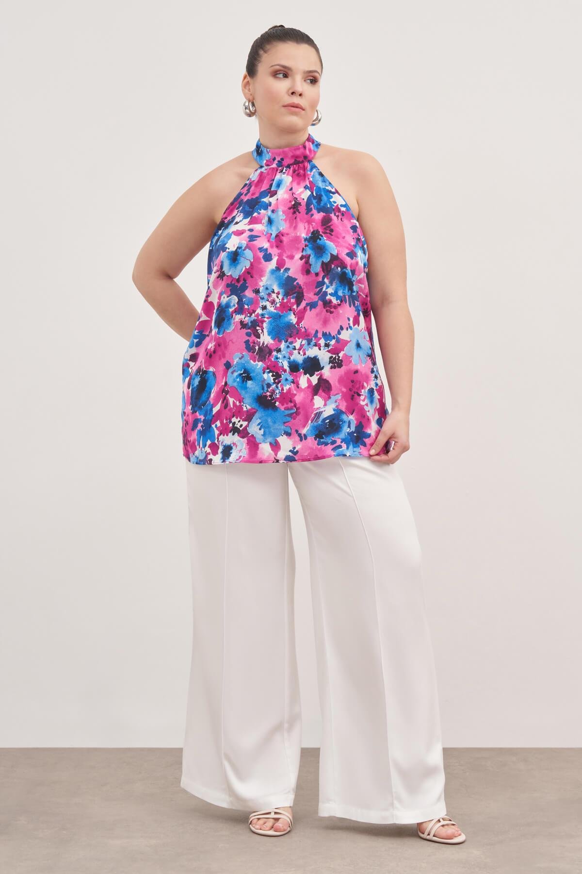 Myline-Halter Yakalı Desenli Bluz -Büyük Beden Bluz-139177