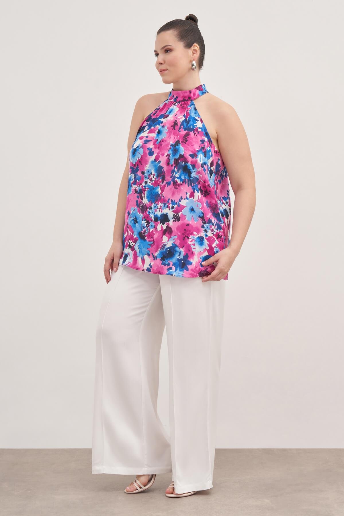 Myline-Halter Yakalı Desenli Bluz -Büyük Beden Bluz-139177