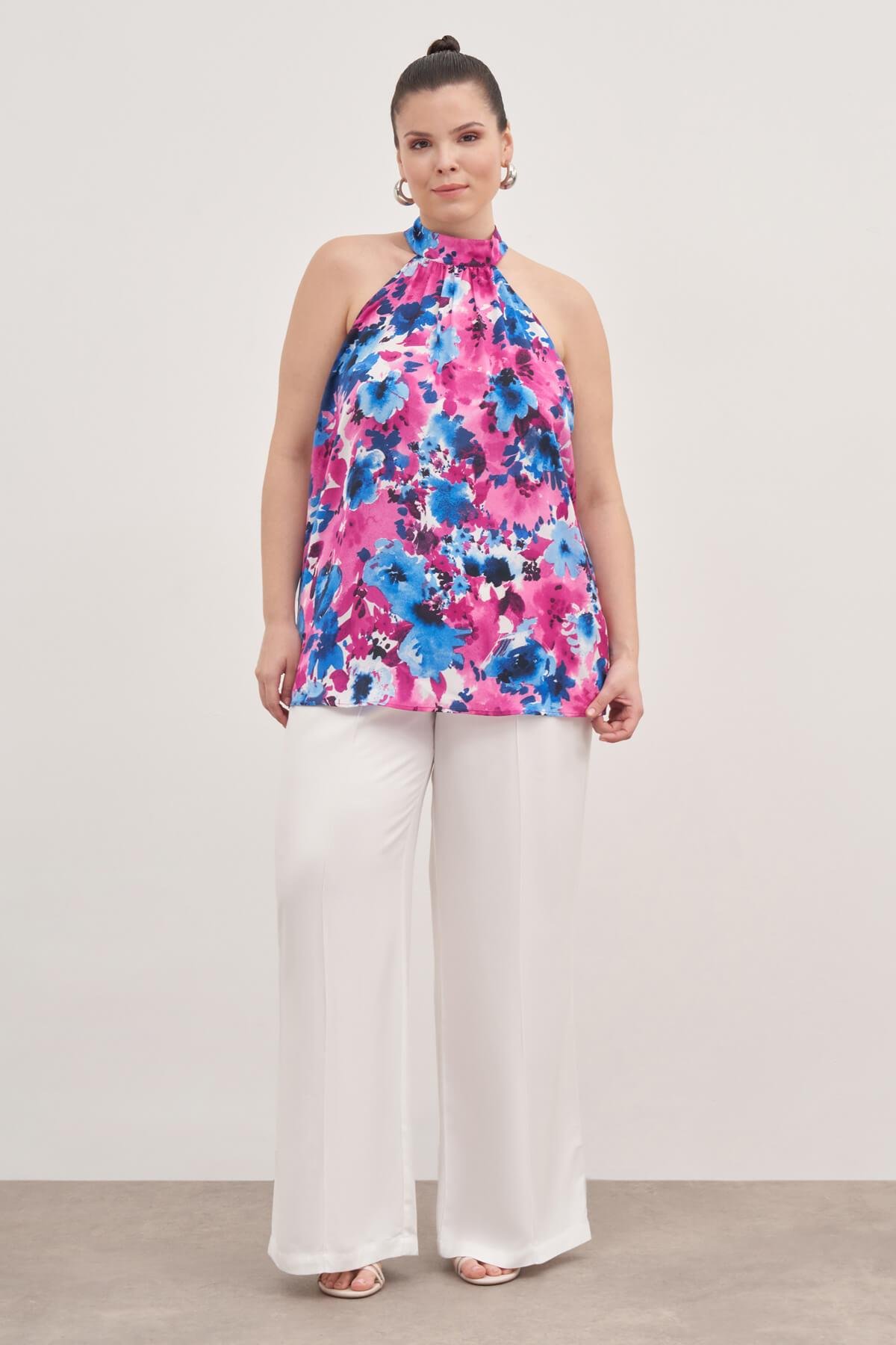 Myline-Halter Yakalı Desenli Bluz -Büyük Beden Bluz-139177