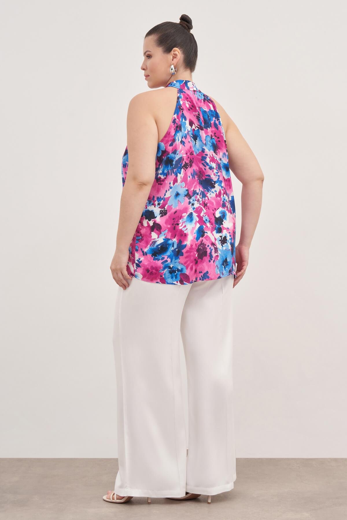 Myline-Halter Yakalı Desenli Bluz -Büyük Beden Bluz-139177