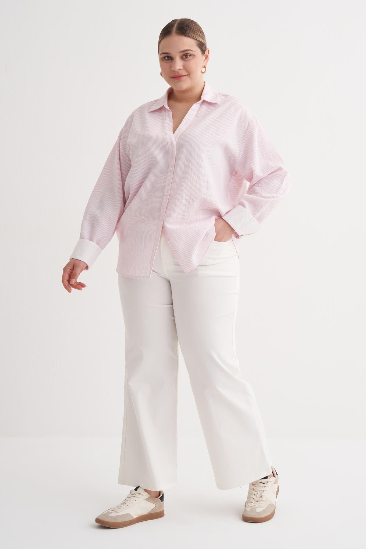 Myline-İnce Çizgili Gömlek-Büyük Beden Gömlek-149963