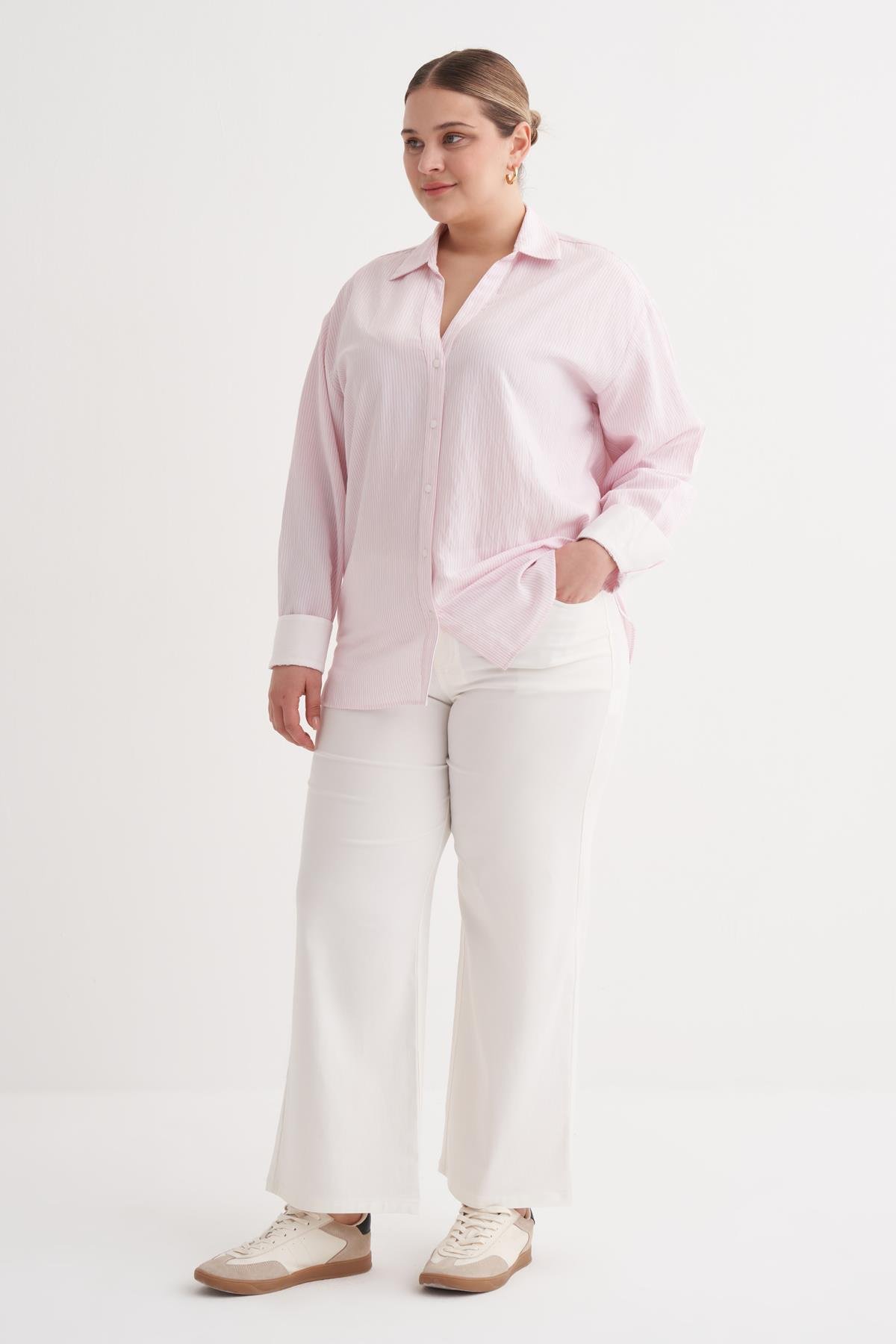 Myline-İnce Çizgili Gömlek-Büyük Beden Gömlek-149963