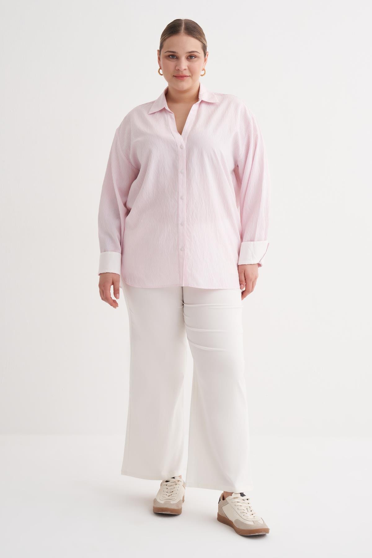 Myline-İnce Çizgili Gömlek-Büyük Beden Gömlek-149963