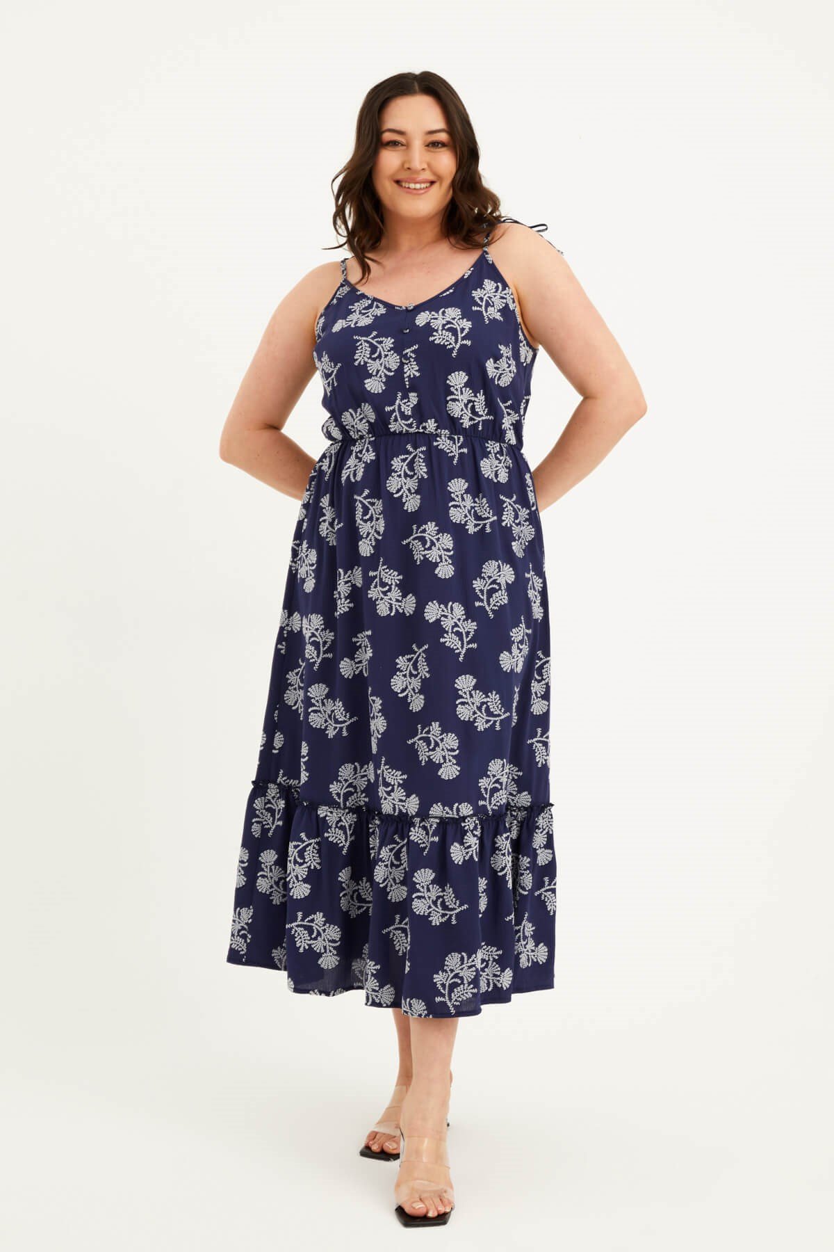 Myline-İp Askılı Beli Lastikli Fırfırlı Elbise-Büyük Beden Günlük Elbiseler-77565