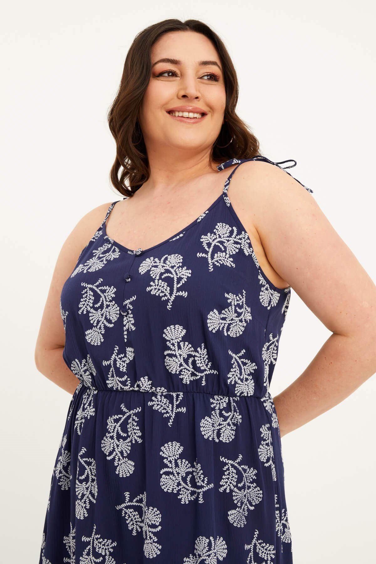 Myline-İp Askılı Beli Lastikli Fırfırlı Elbise-Büyük Beden Günlük Elbiseler-77565