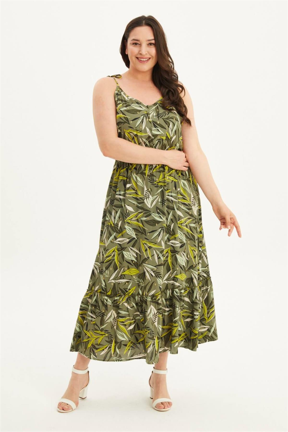 Myline-İp Askılı Beli Lastikli Fırfırlı Elbise-Büyük Beden Günlük Elbiseler-118437