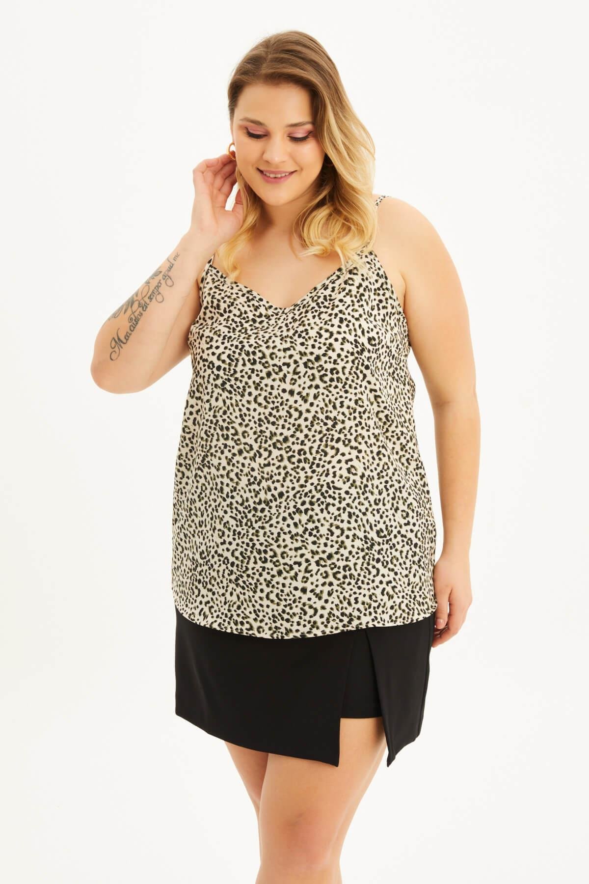 Myline-İp Askılı Desenli Bluz-Büyük Beden Bluz-118360