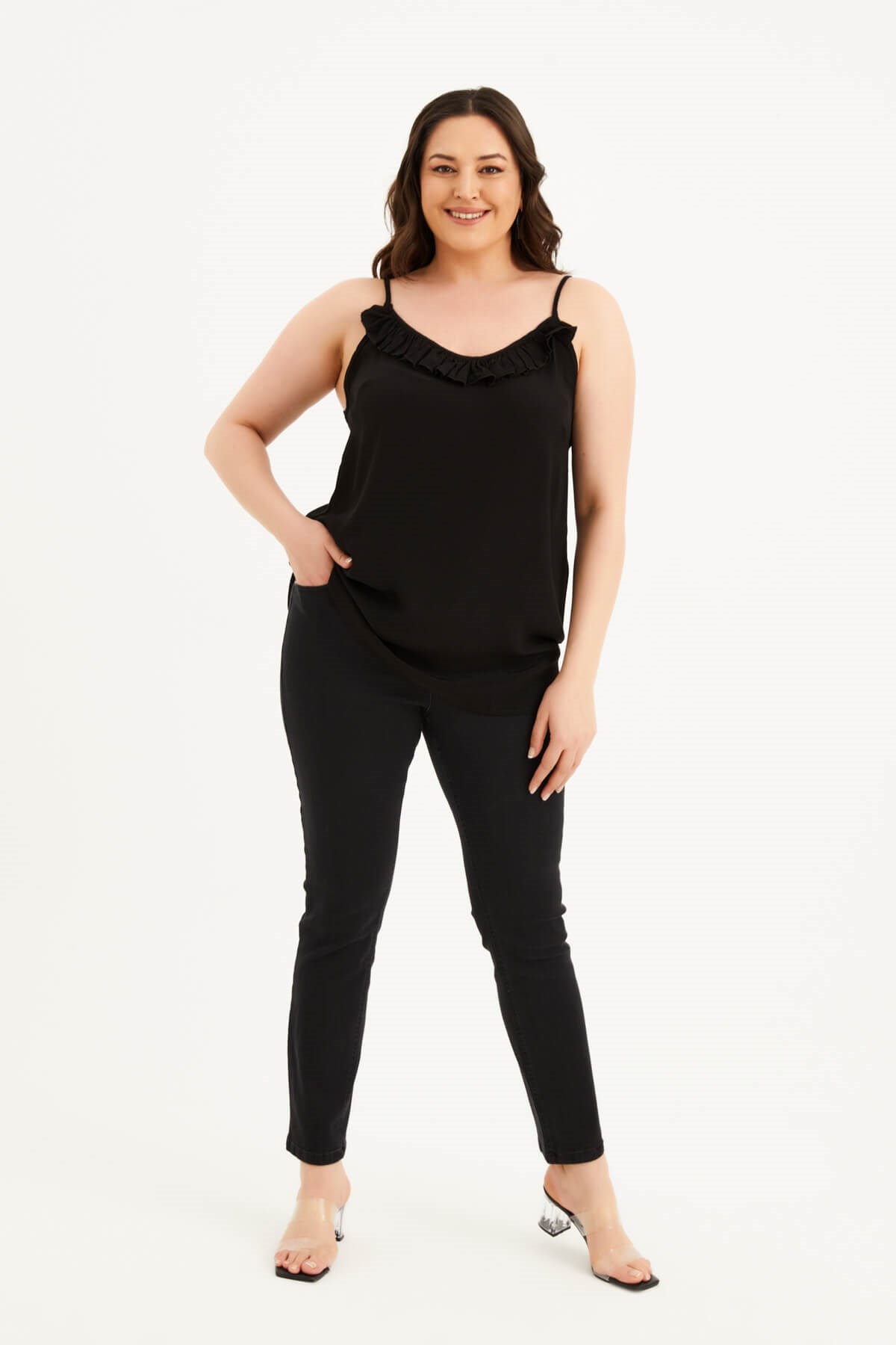 Myline-İp Askılı Fırfır Detaylı Bluz-Büyük Beden Bluz-66921