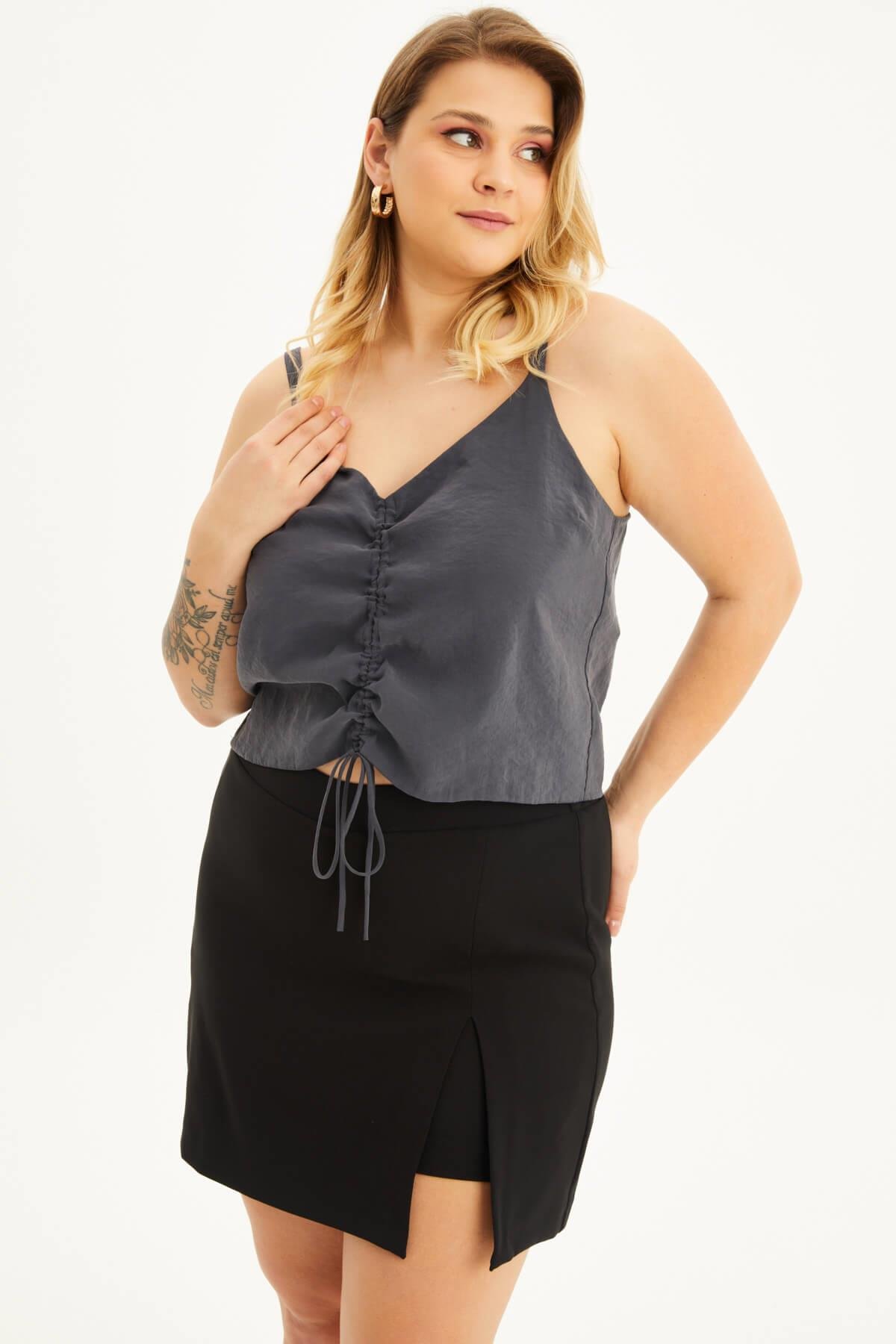 Myline-İp Askılı Önü Büzgülü Top-Büyük Beden Tişört-118422