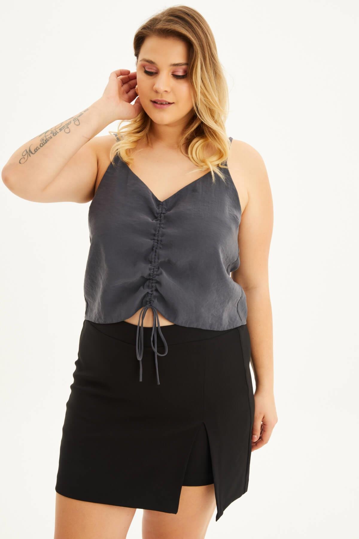 Myline-İp Askılı Önü Büzgülü Top-Büyük Beden Tişört-118422