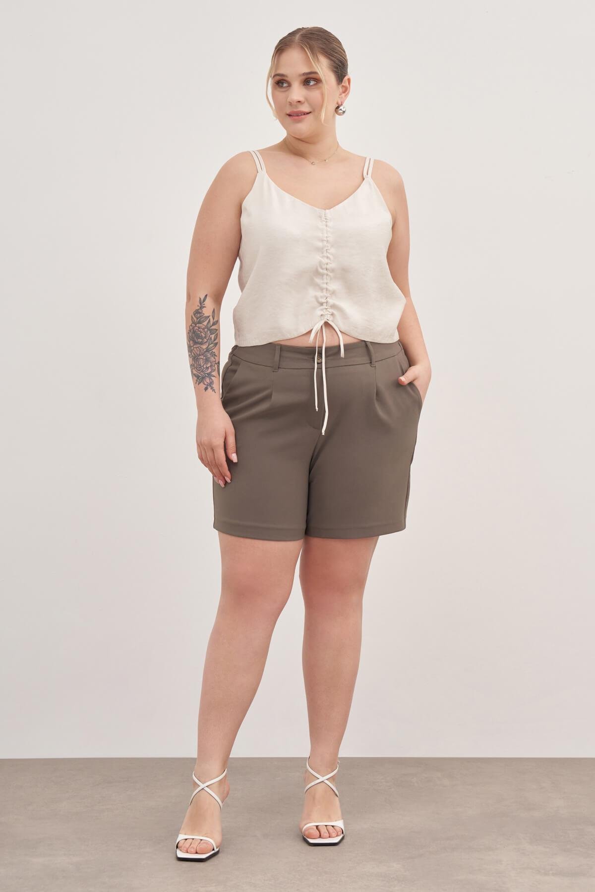 Myline-İp Askılı Önü Büzgülü Top-Büyük Beden Tişört-118513