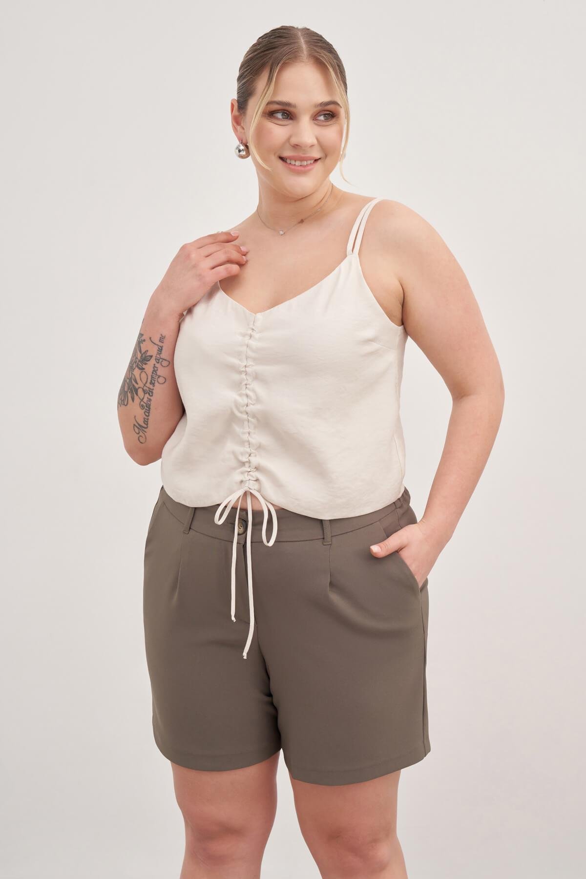 Myline-İp Askılı Önü Büzgülü Top-Büyük Beden Tişört-118513