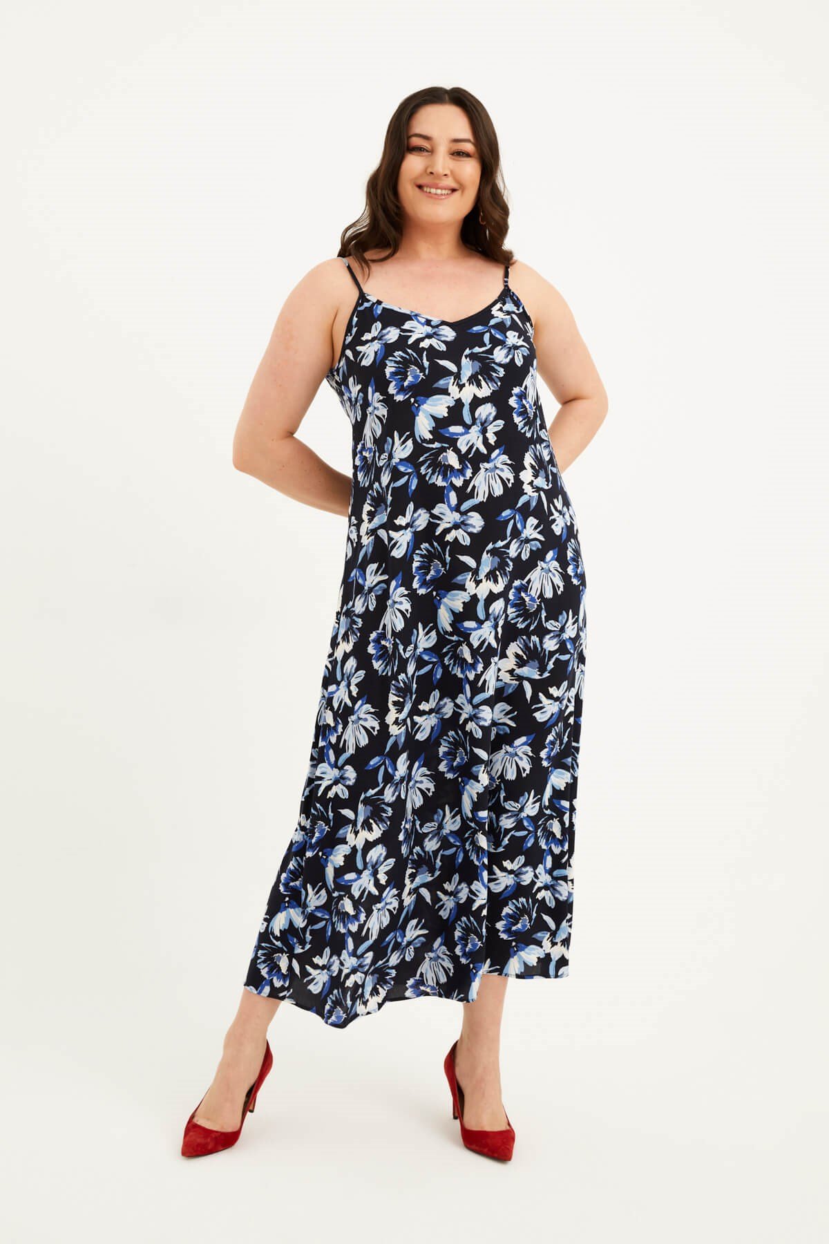 Myline-İp Askılı V Yaka Bağcıklı Elbise-Büyük Beden Günlük Elbiseler-77569