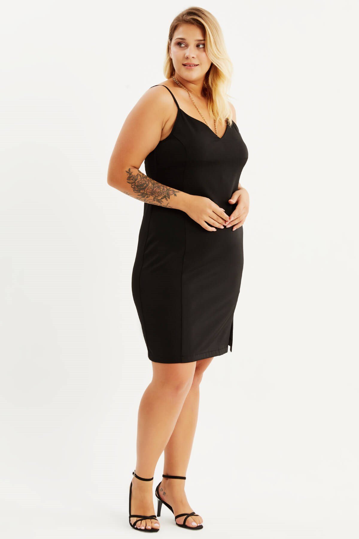 Myline-İp Askılı Yırtmaçlı Elbise-Büyük Beden Günlük Elbiseler-87874