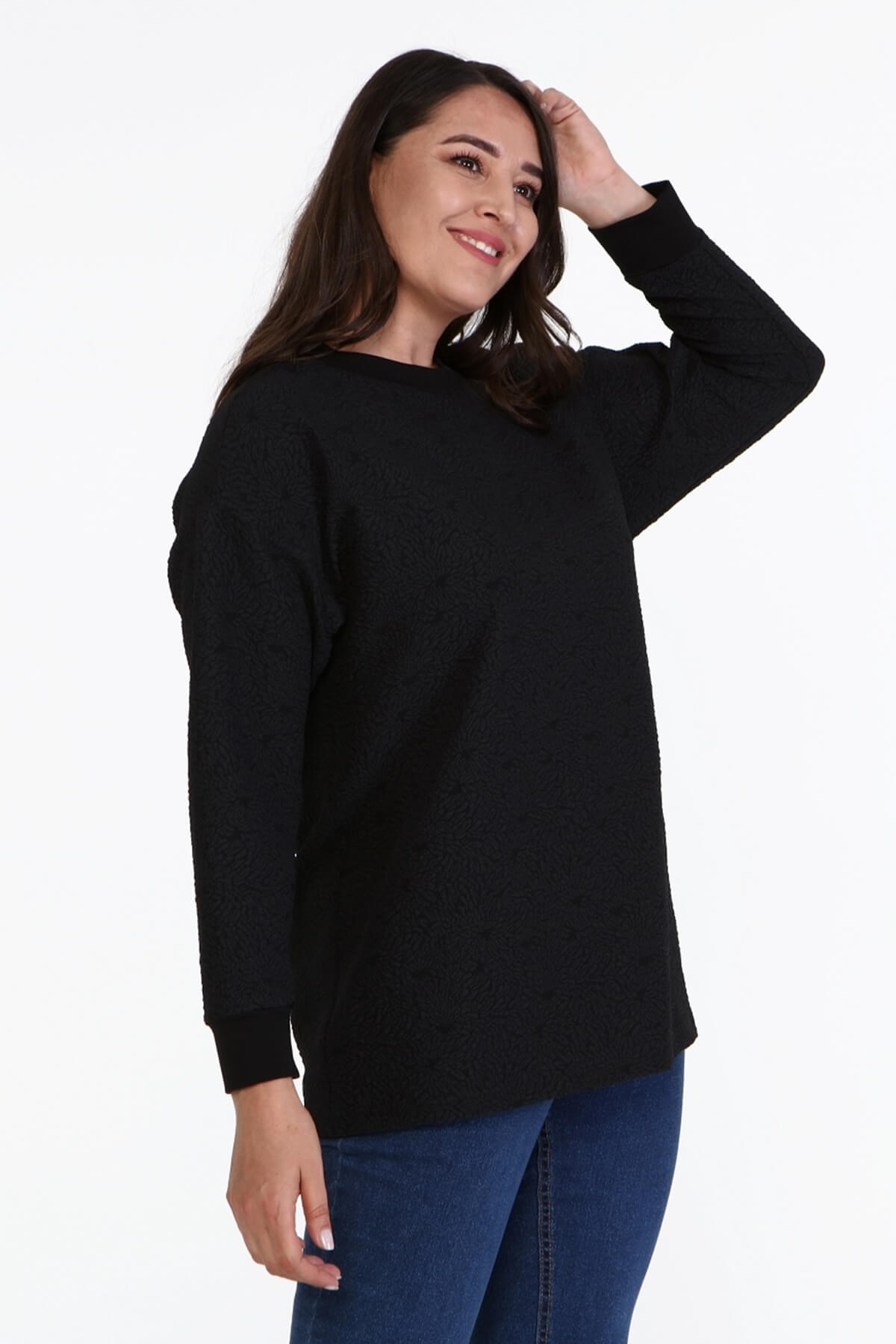 Myline-Jakarlı Bisiklet Yaka Sweatshirt-Büyük Beden Bluz-77113