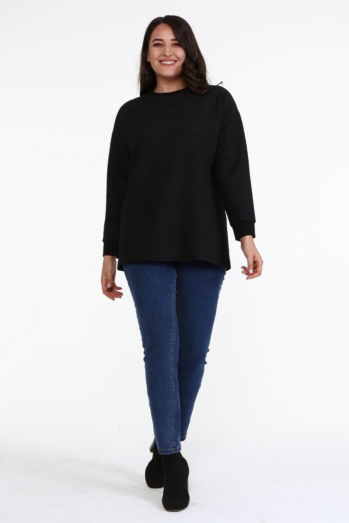 Myline-Jakarlı Bisiklet Yaka Sweatshirt-Büyük Beden Bluz-77113