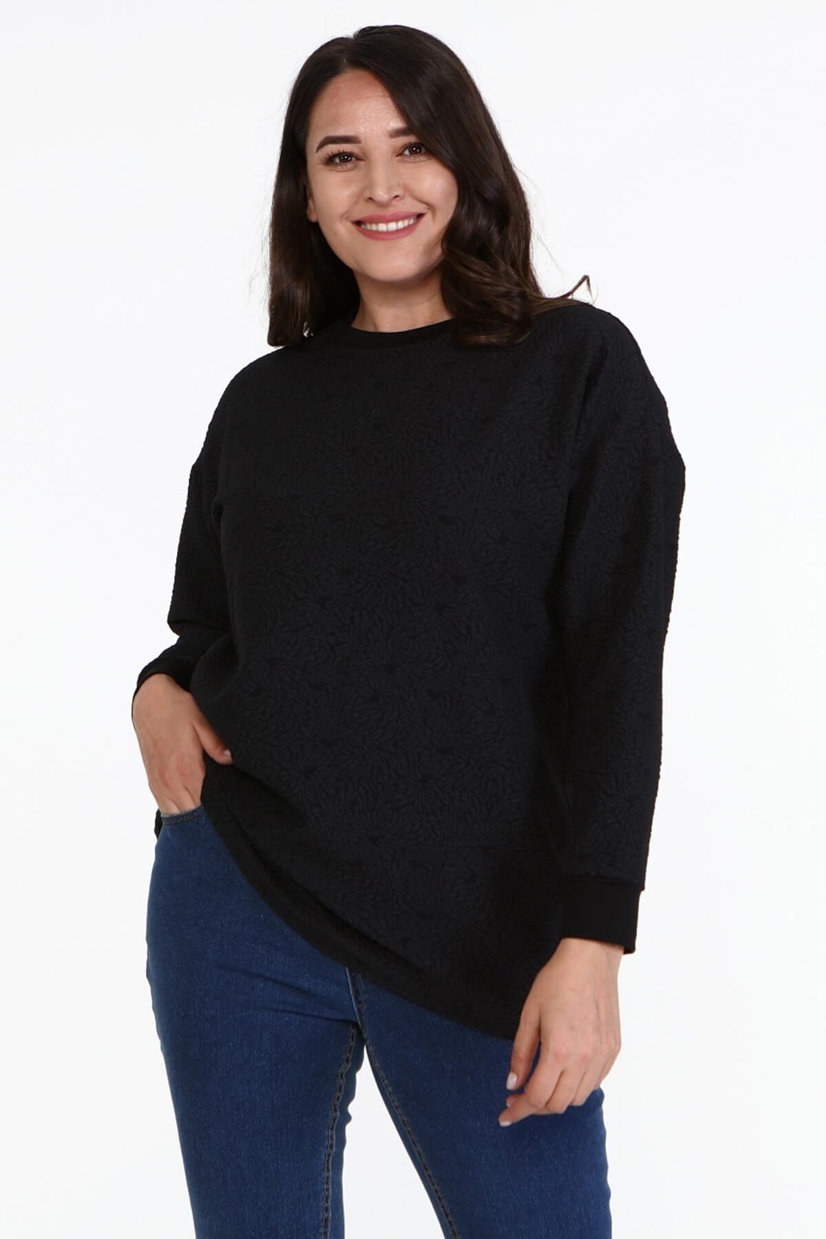 Myline-Jakarlı Bisiklet Yaka Sweatshirt-Büyük Beden Bluz-77113