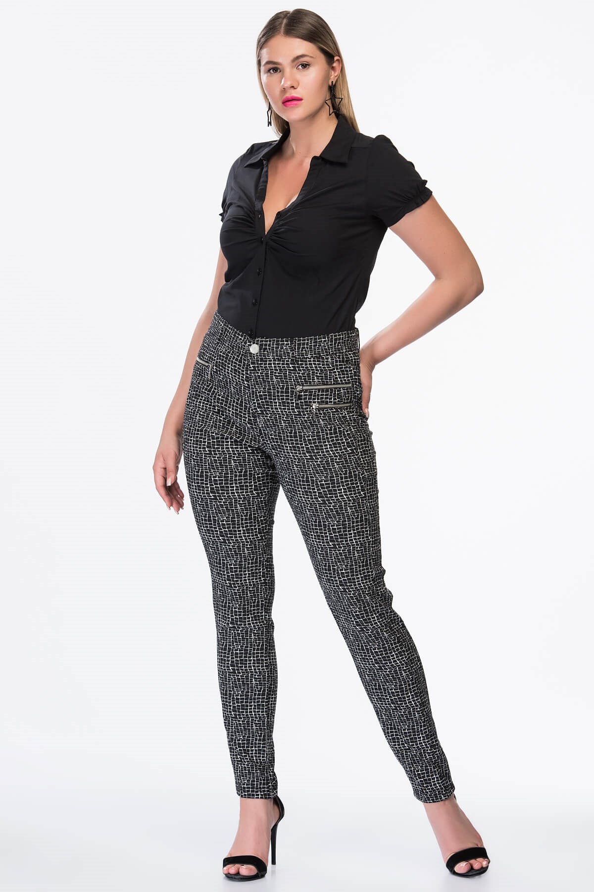 Myline-Jakarlı Fermuar Detaylı Strech Pantolon-Büyük Beden Pantolon-12454-m