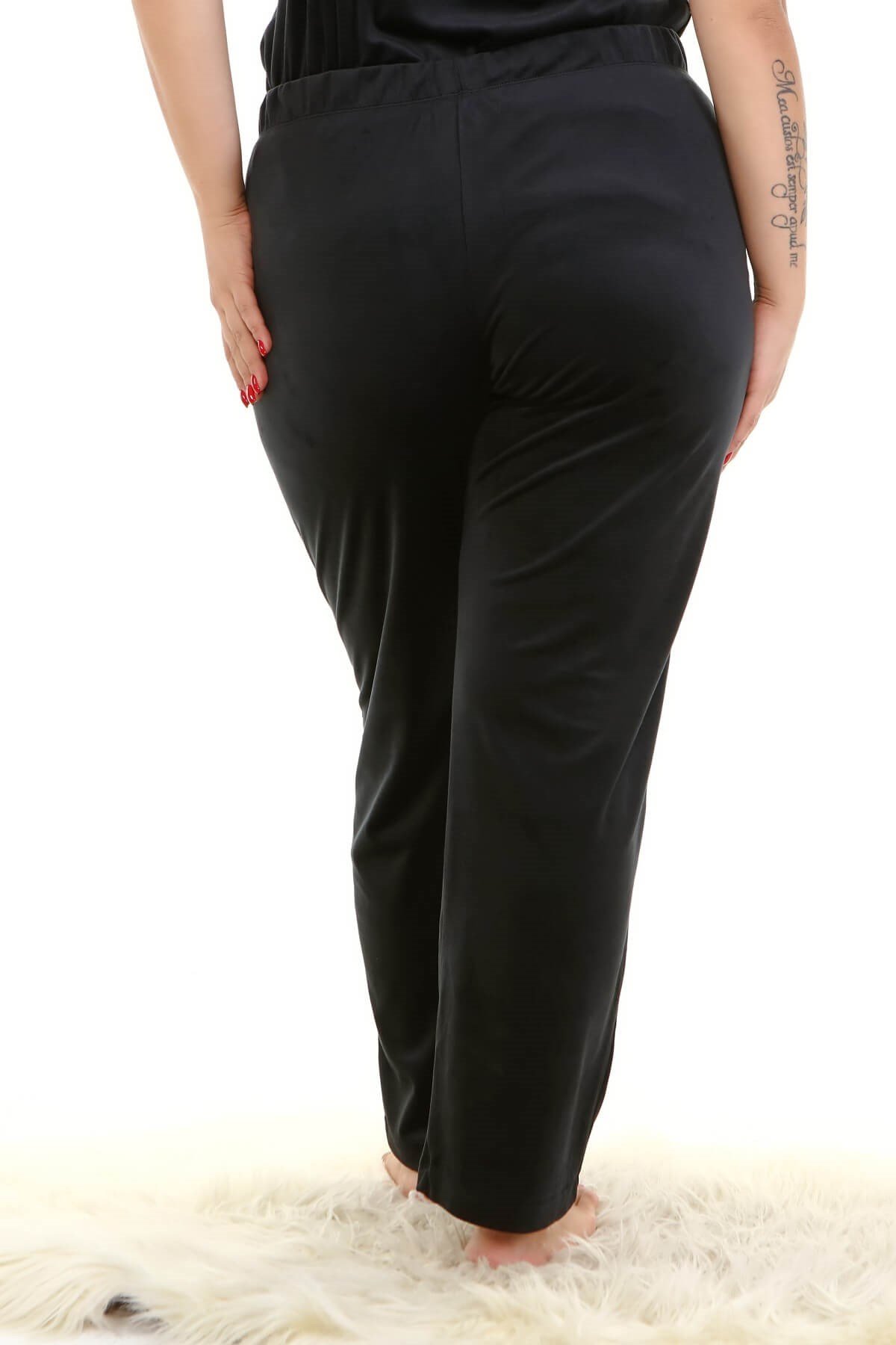 Myline-Kadife Beli Lastikli Cepli Pijama Alt-Büyük Beden Ev Giyim-77126