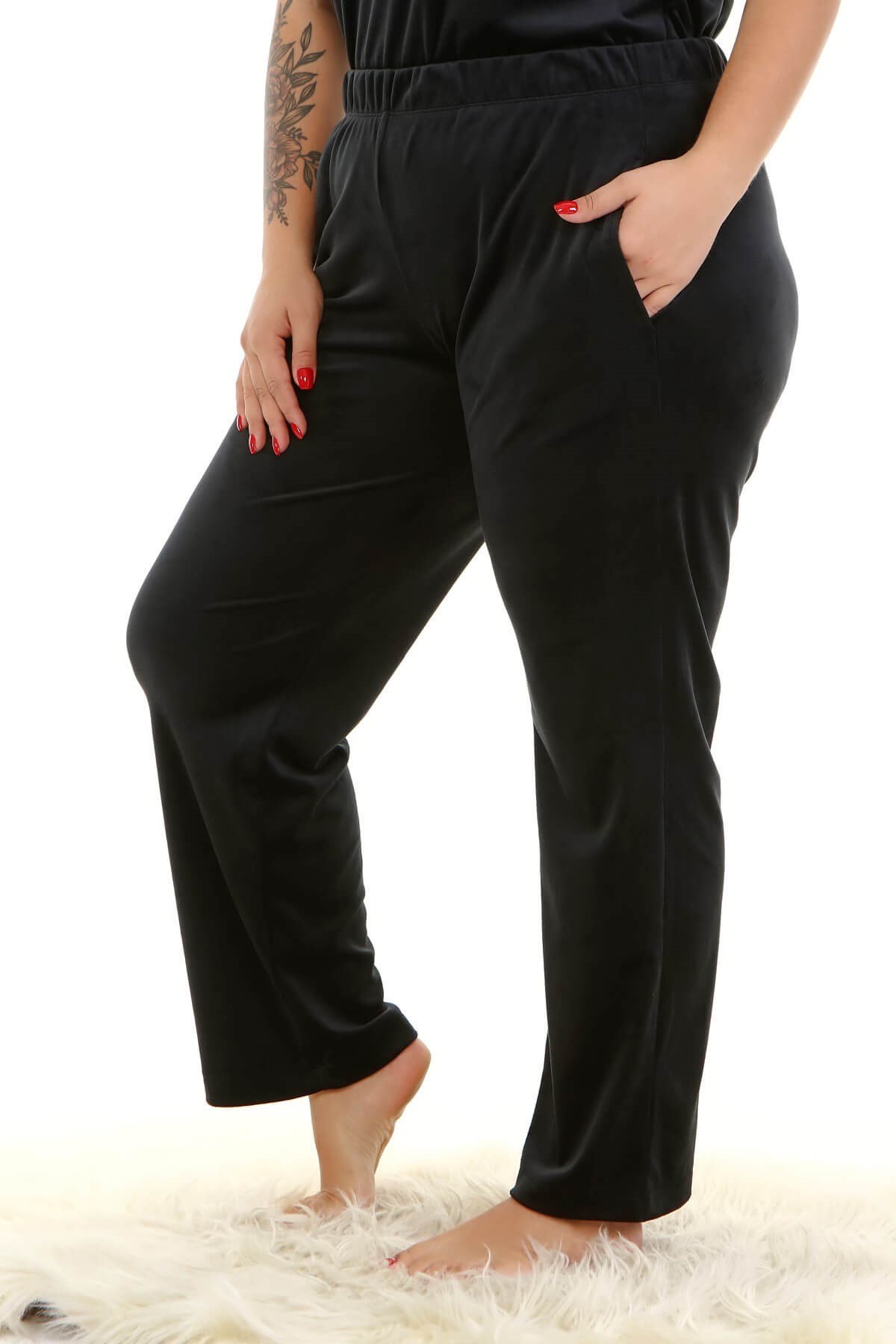 Myline-Kadife Beli Lastikli Cepli Pijama Alt-Büyük Beden Ev Giyim-77126