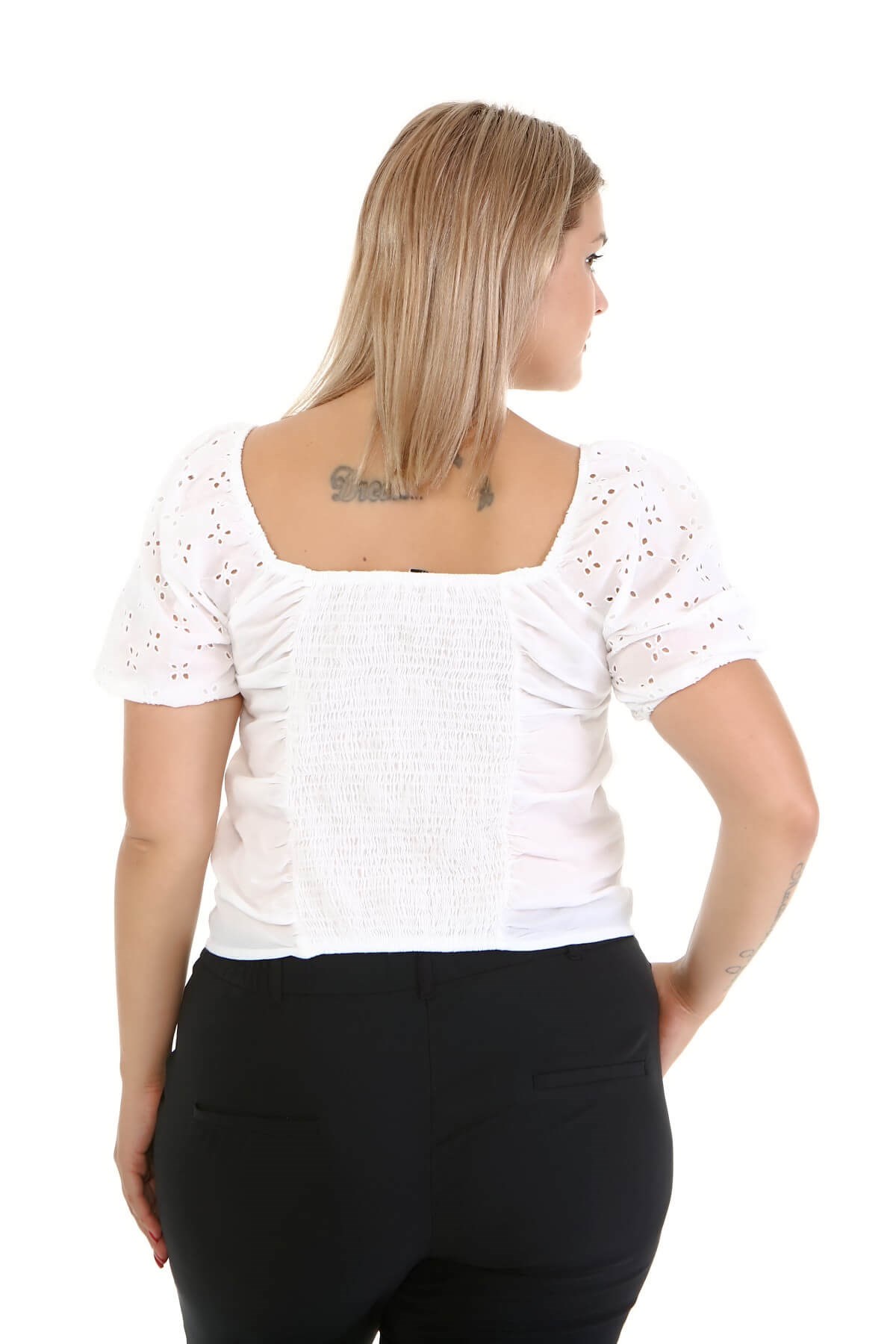 Myline-Kare Yaka Büzgülü Kolu Fistolu Top-Büyük Beden Tişört-66865