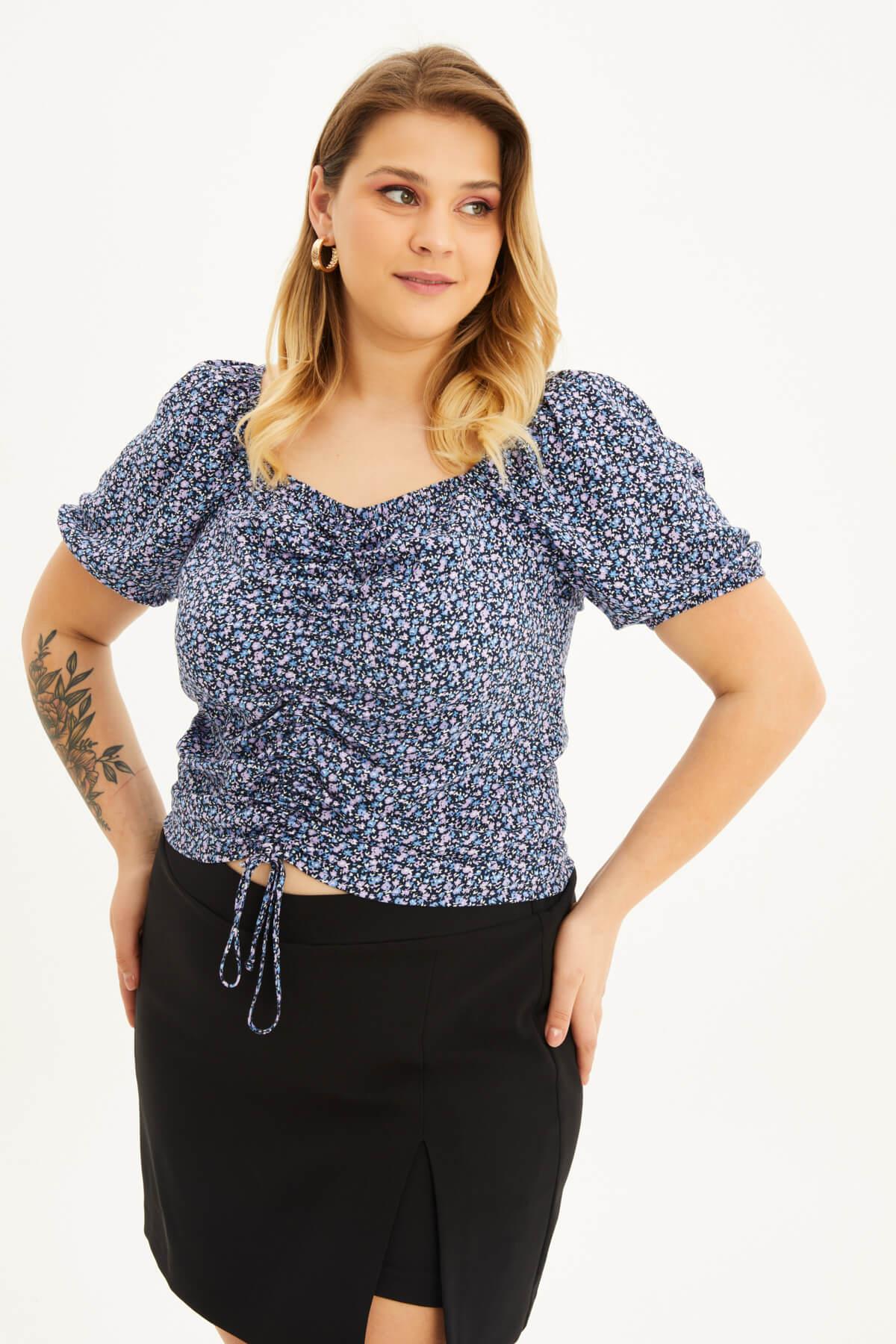 Myline-Kare Yaka Büzgülü Top-Büyük Beden Tişört-118482