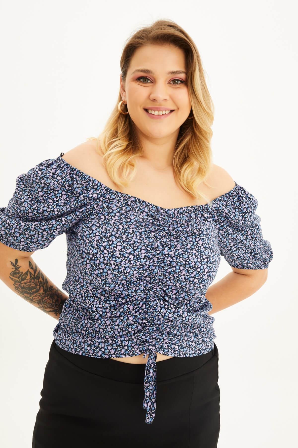 Myline-Kare Yaka Büzgülü Top-Büyük Beden Tişört-118482