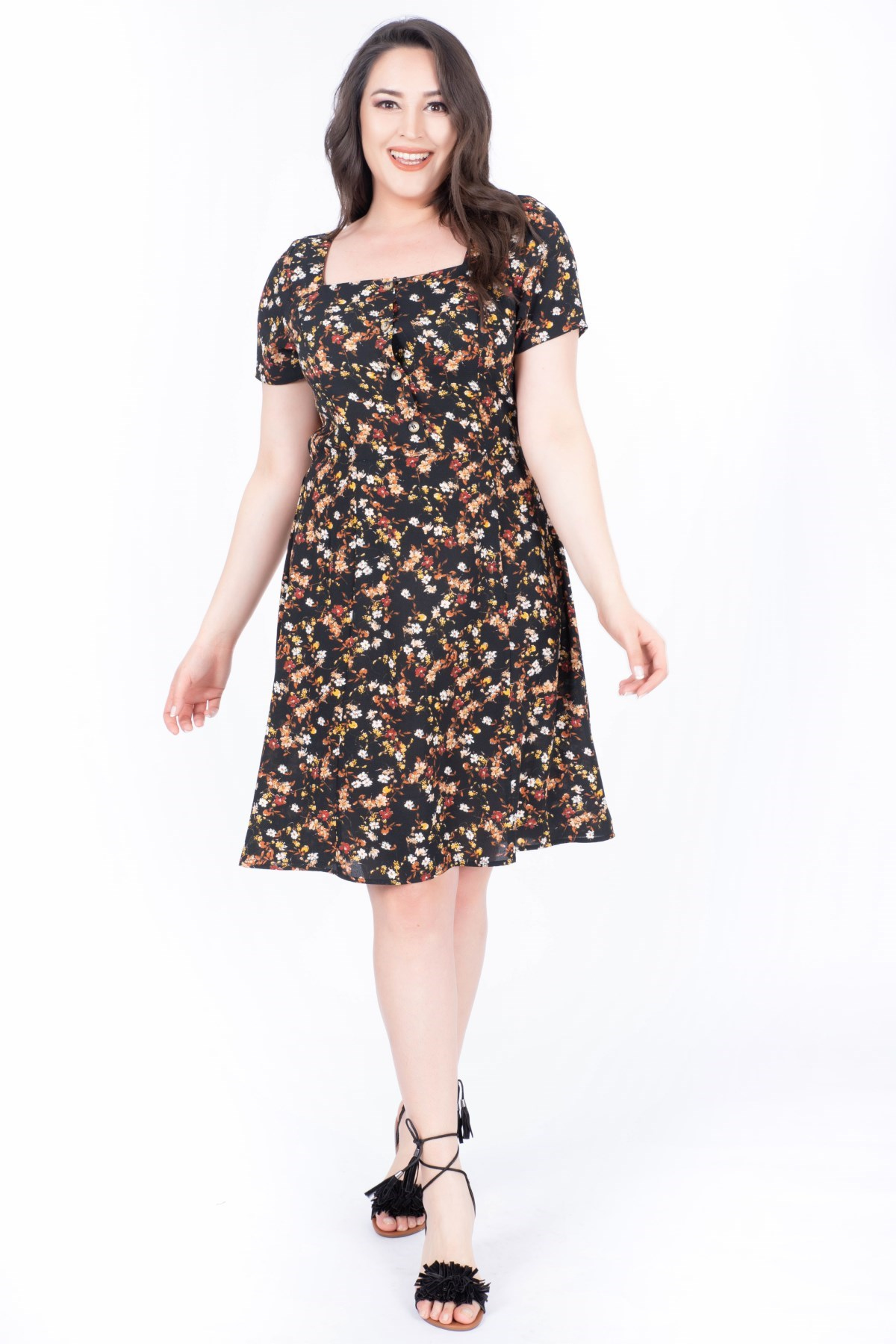 Myline-Kare Yaka Çiçekli Elbise-Elbise-34636