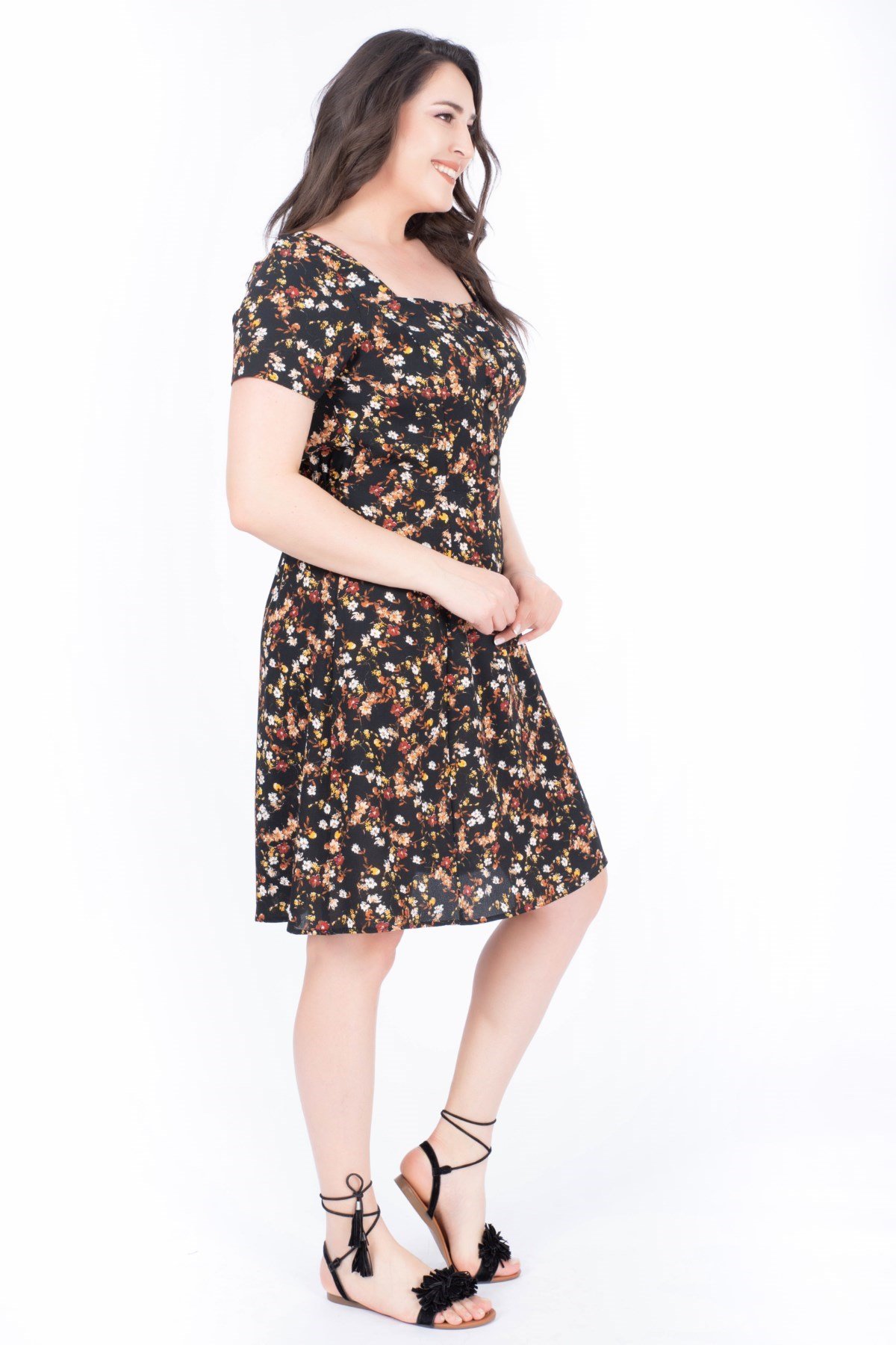 Myline-Kare Yaka Çiçekli Elbise-Elbise-34636