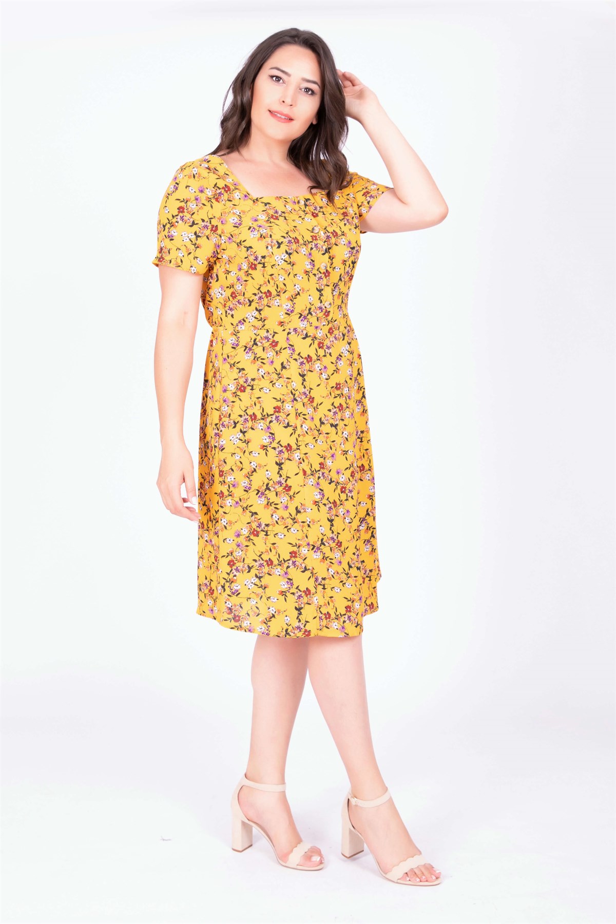 Myline-Kare Yaka Çiçekli Elbise-Elbise-34637