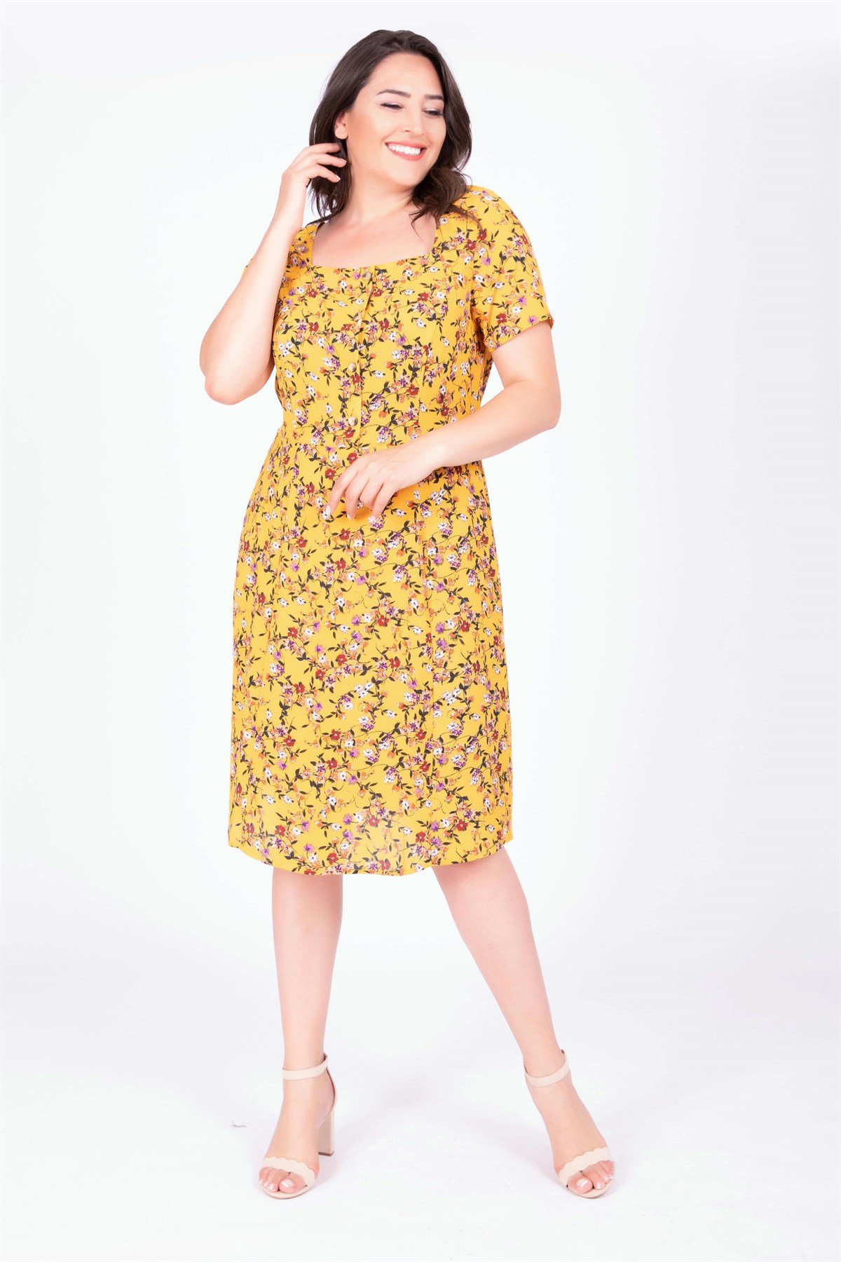 Myline-Kare Yaka Çiçekli Elbise-Elbise-34637