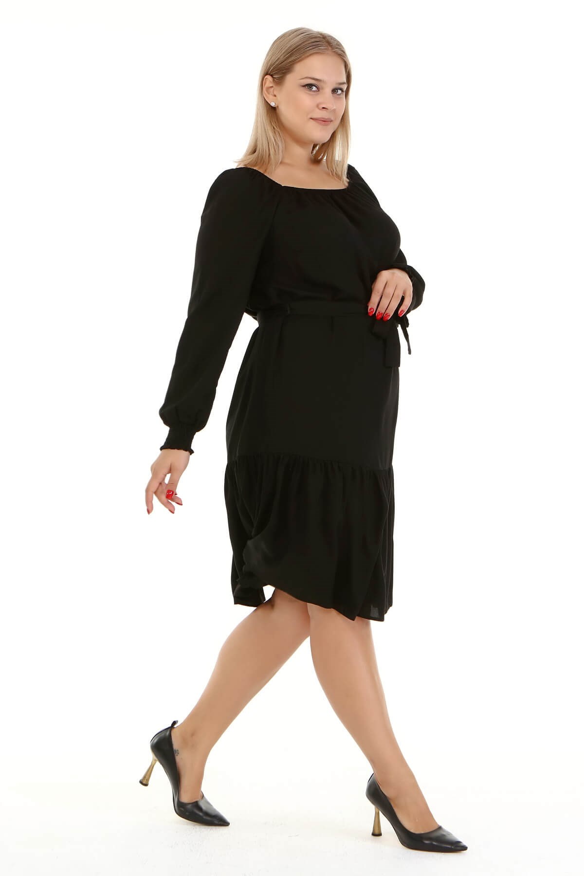 Myline-Kare Yaka Fırfır Detaylı Elbise -Büyük Beden Günlük Elbiseler-66901